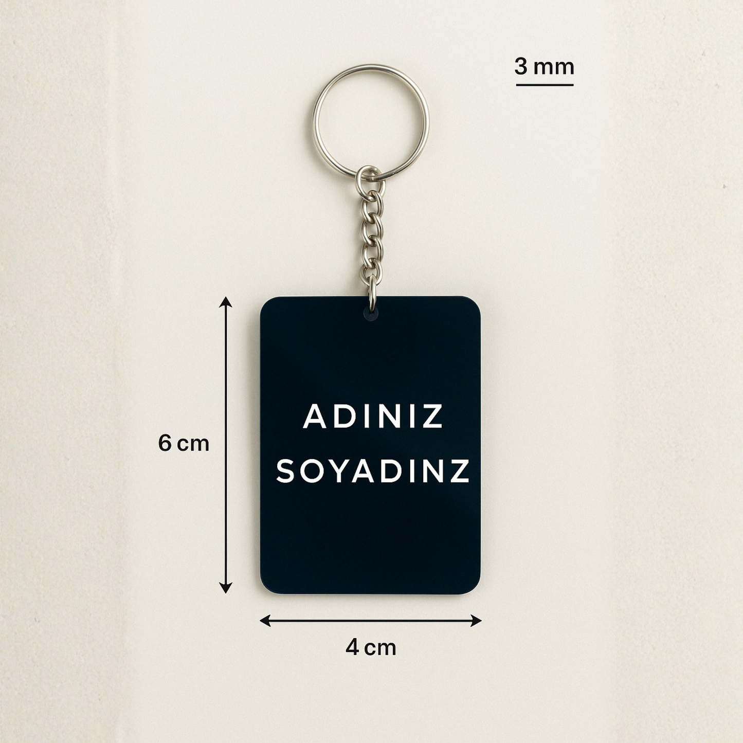 Kişiye özel dikdörtgen siyah pleksi anahtarlık ölçüleri 6x4 cm 3 mm kalınlık