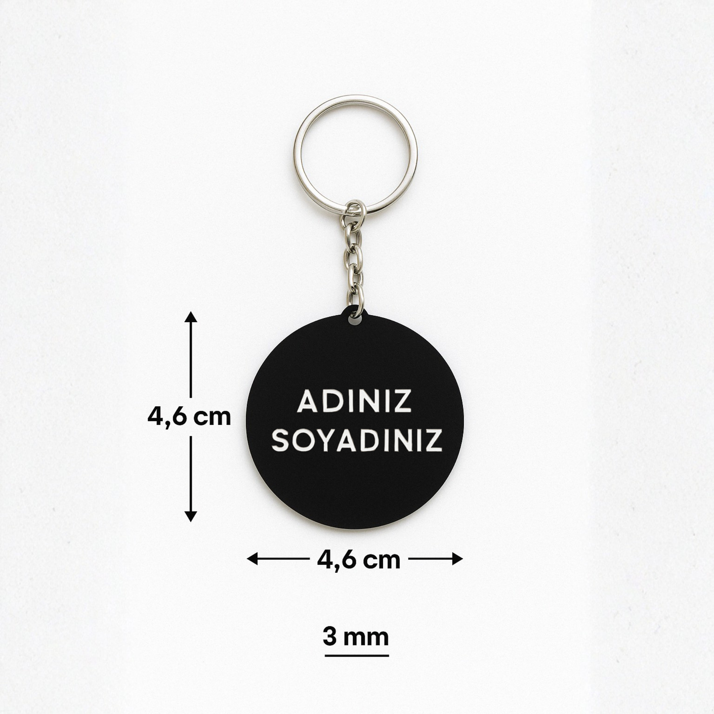 Kişiye özel yuvarlak siyah pleksi anahtarlık ölçüleri 4,6 cm çap 3 mm kalınlık