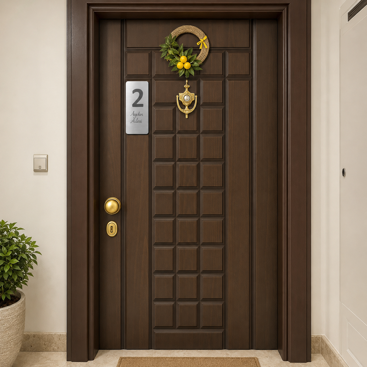 Ev numarası ve aile isimlik pleksi kapı tabelası, apartman giriş kapısında kullanım örneği