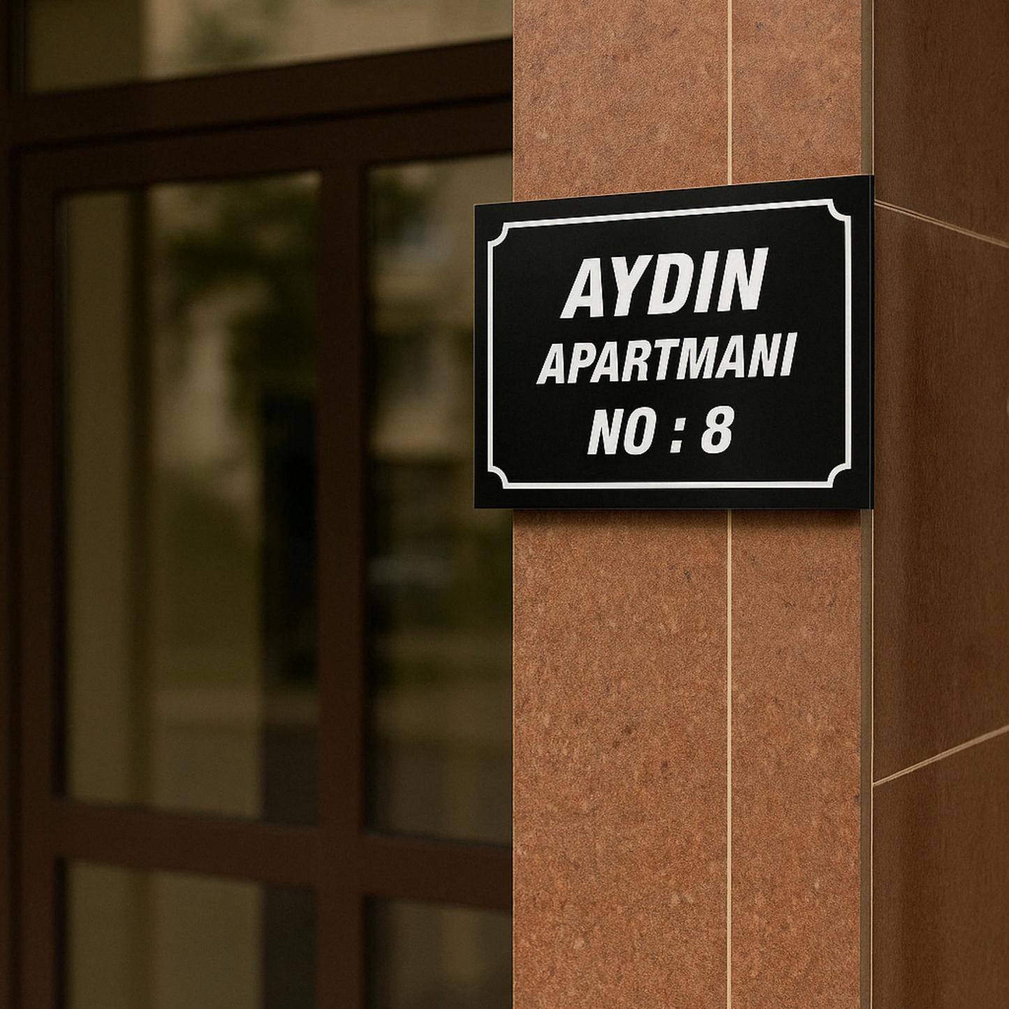 Kişiye özel apartman adı ve numara yazılı siyah pleksi tabela, modern bina girişinde lifestyle görseli