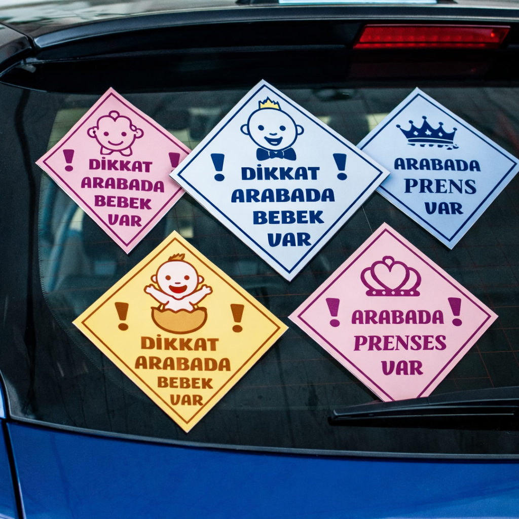 Arabada bebek var yazılı, araba arka camına uygulanmış farklı tasarımlarda bebek uyarı stickerları