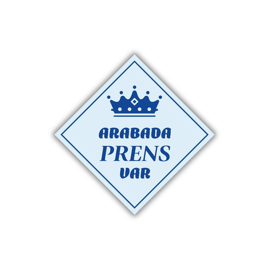 Arabada Prens Var yazılı, mavi renkli erkek bebek temalı araba camı stickerı