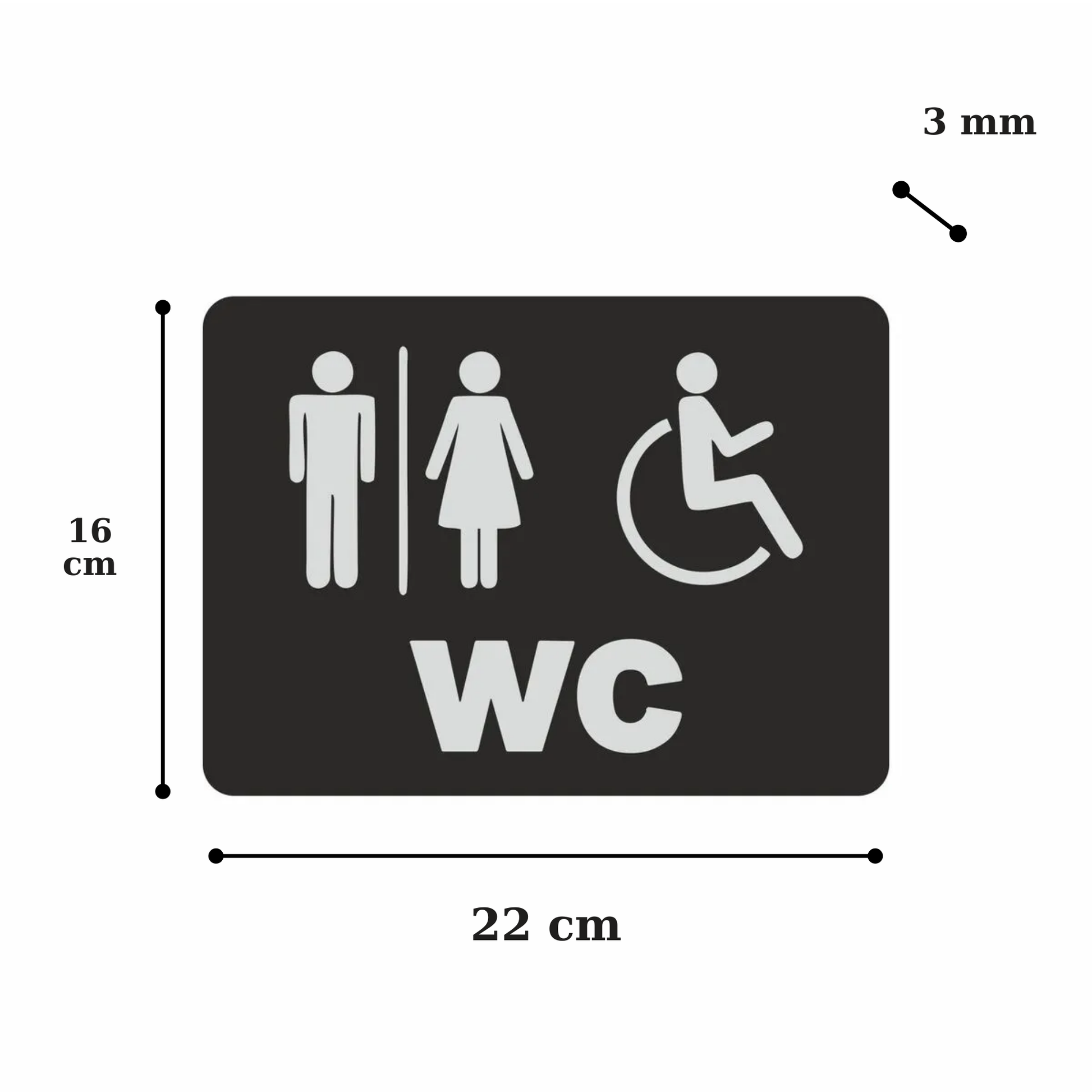 Bay bayan engelli WC tabelası 22x16 cm, 3 mm siyah pleksi, 3 ikon kombine model, ölçü görseli