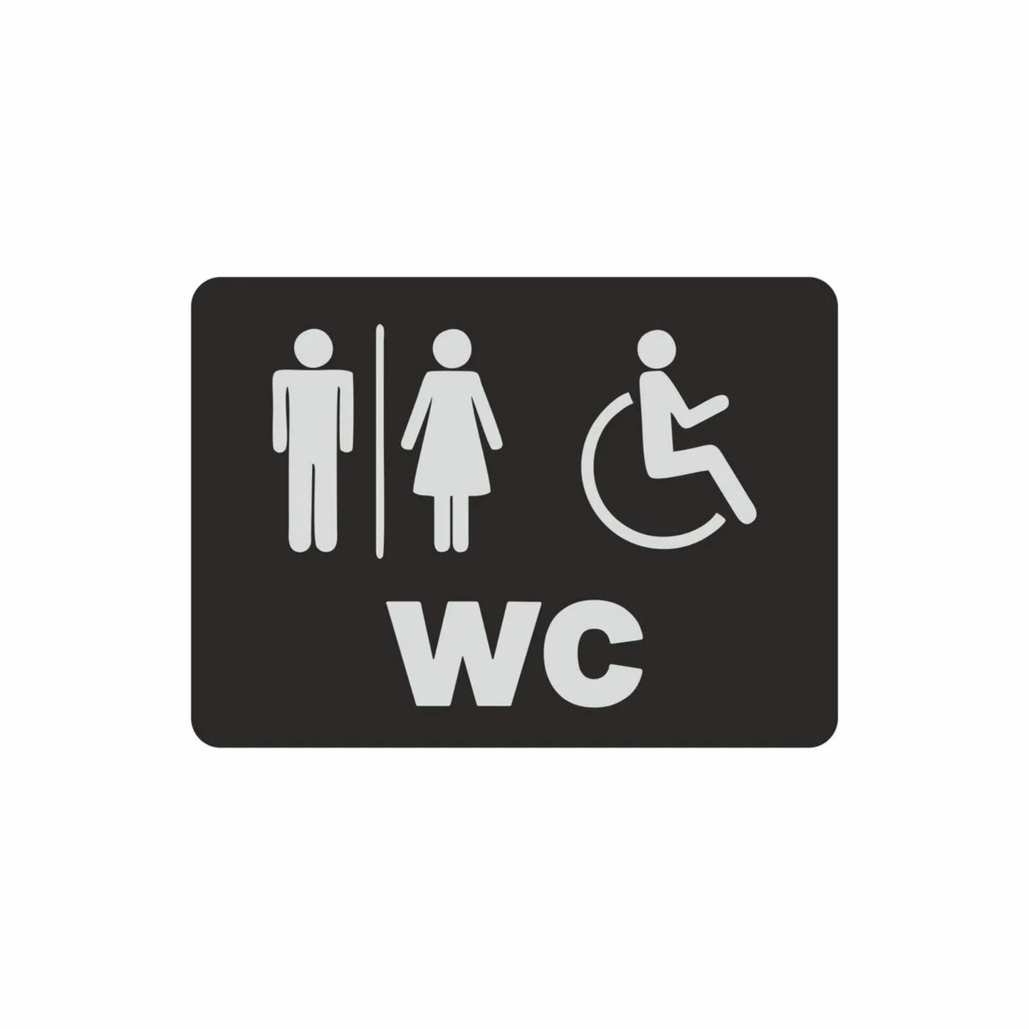 Bay, bayan ve engelli WC tabelası, siyah metal yüzey, 3 ikon, 22x16 cm büyük boy