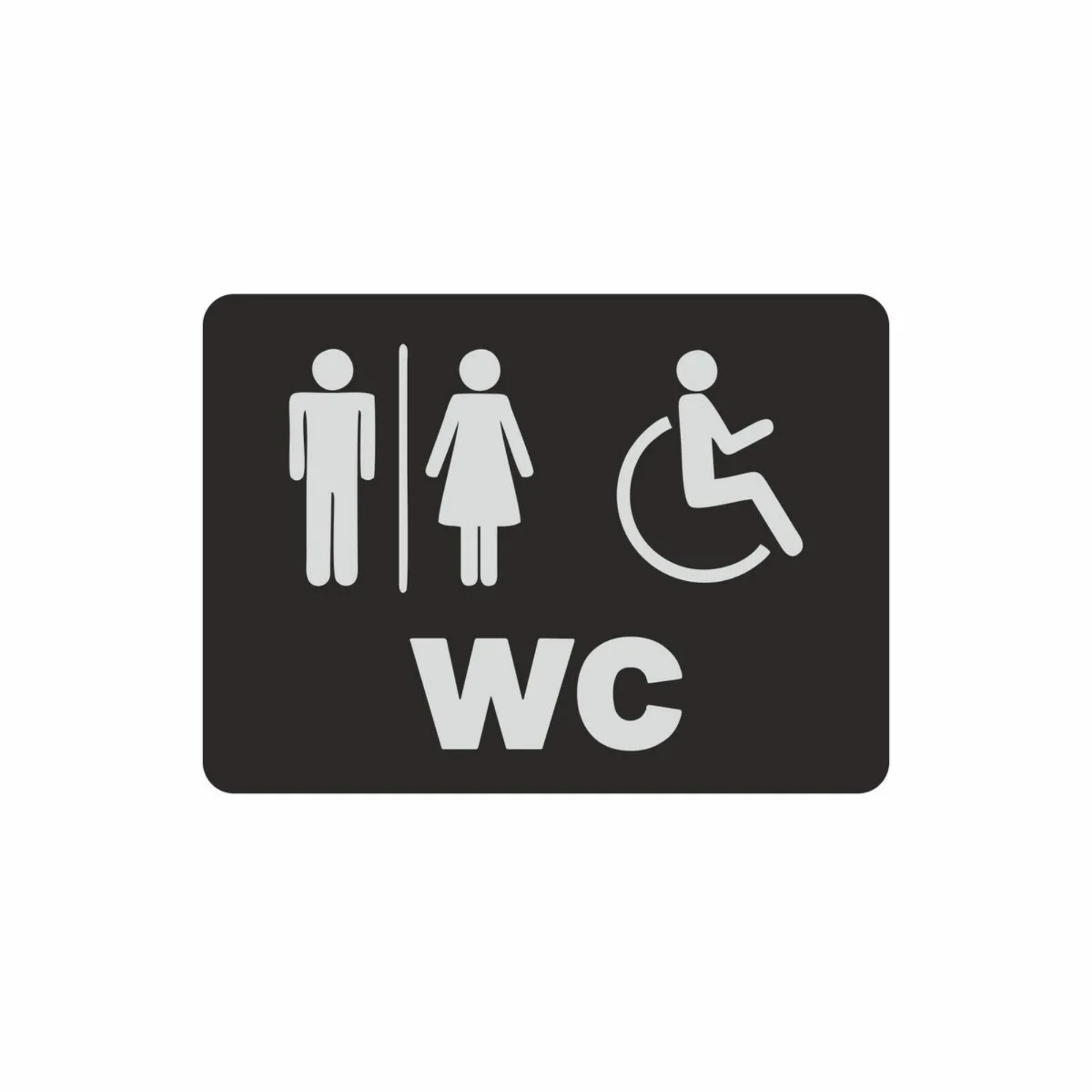 Bay, bayan ve engelli WC tabelası, siyah metal yüzey, 3 ikon, 22x16 cm büyük boy