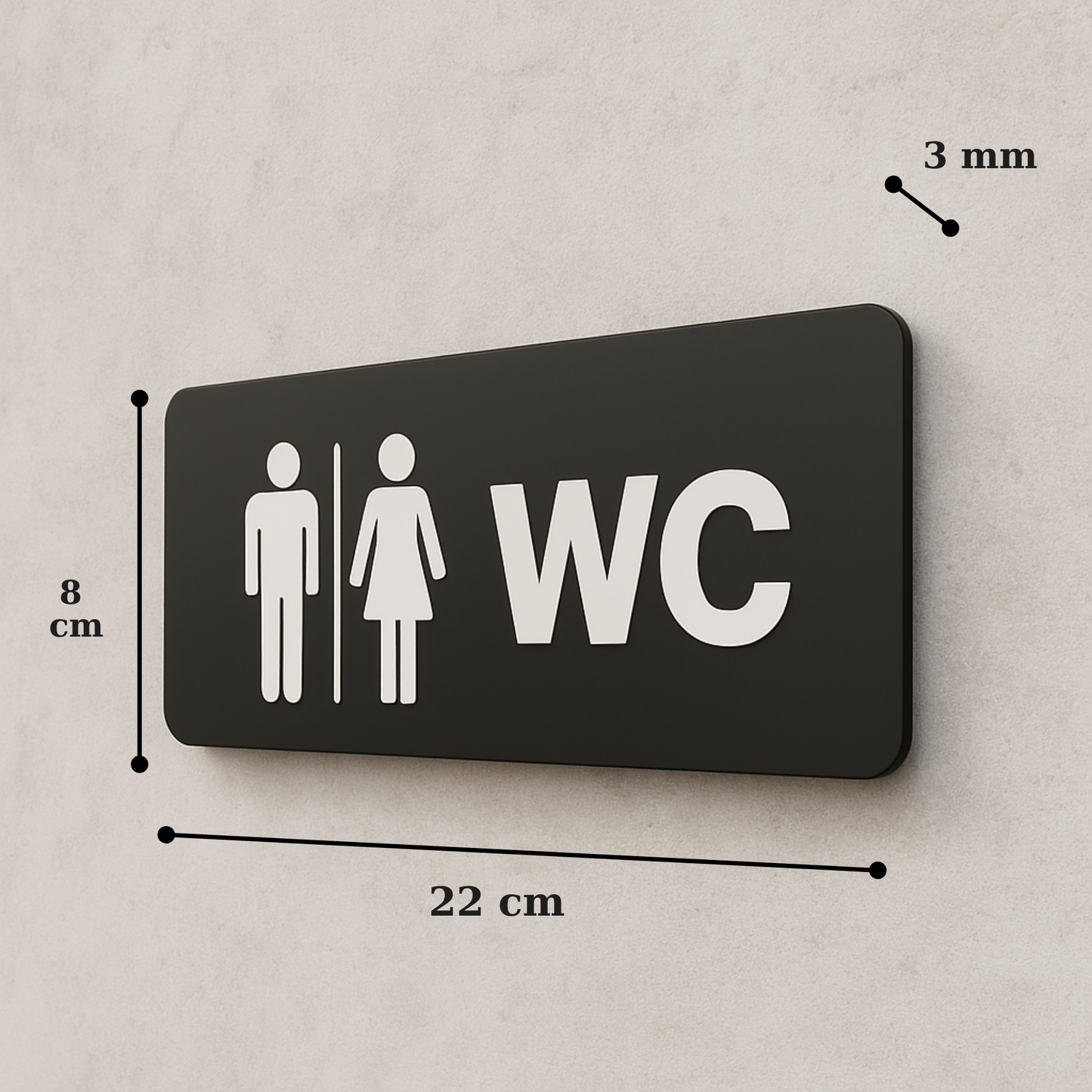 Bay ve bayan WC tabelası 22x8 cm, 3 mm siyah pleksi, erkek kadın figürleri, ölçü görseli
