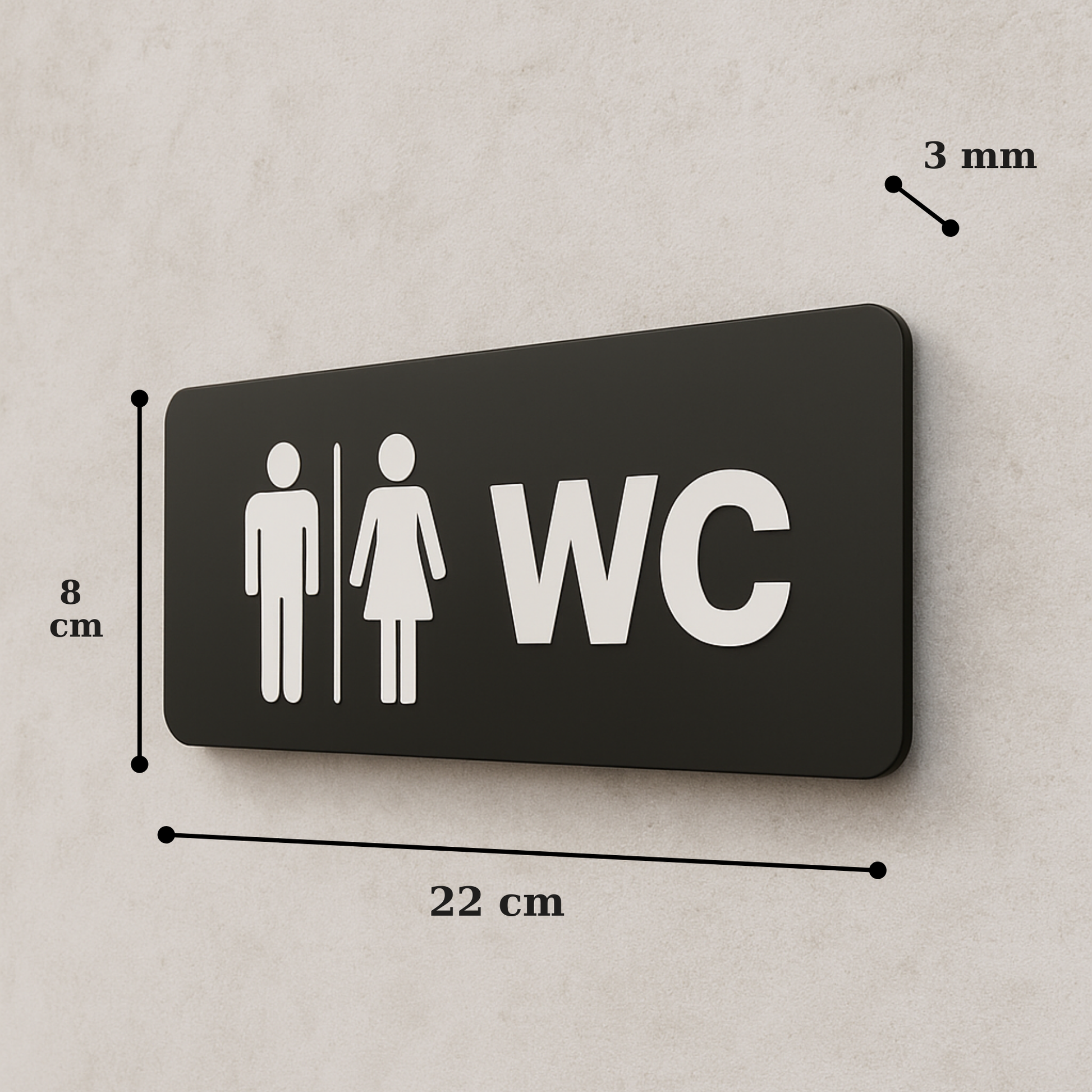 Bay ve bayan WC tabelası 22x8 cm, 3 mm siyah pleksi, erkek kadın figürleri, ölçü görseli