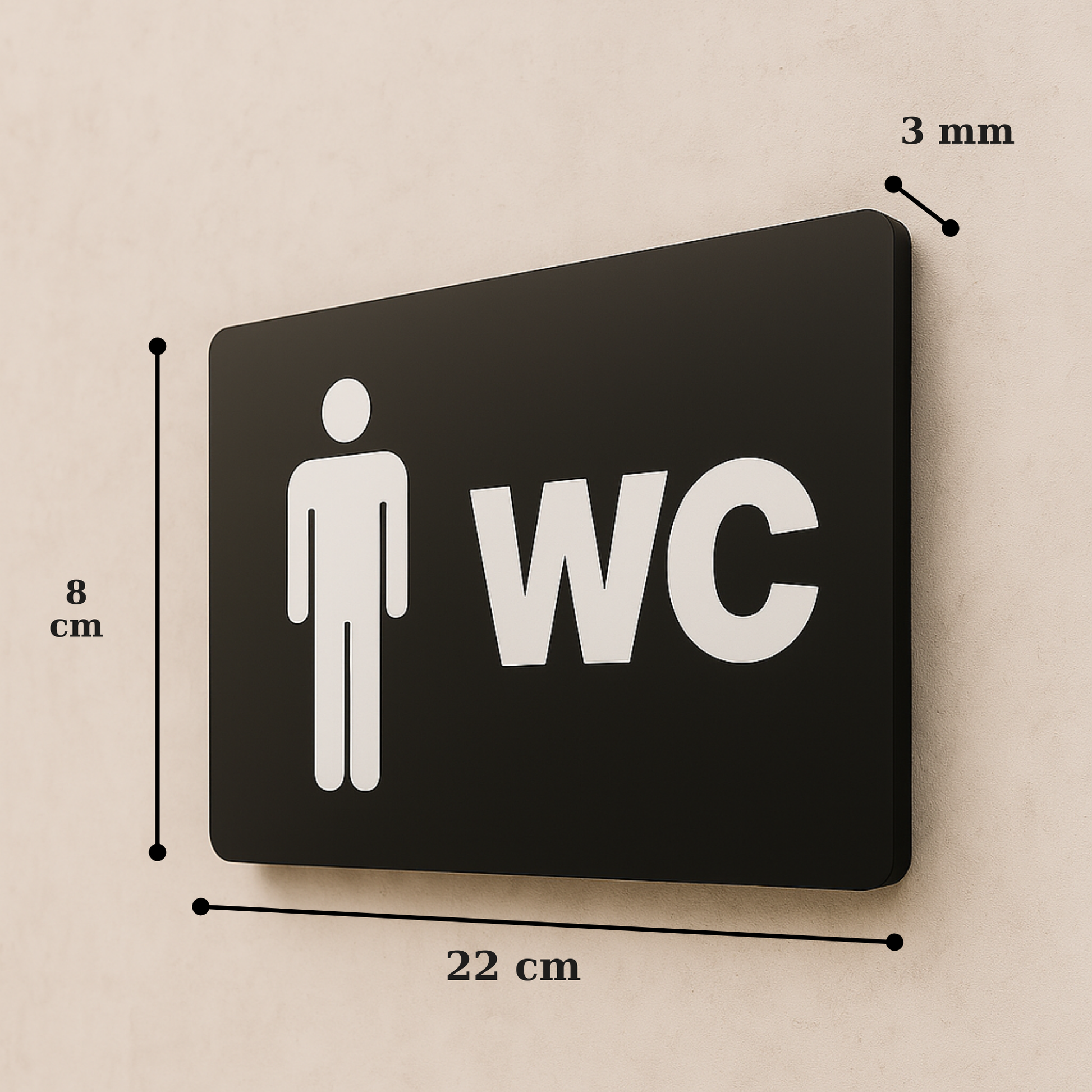 Bay WC tabelası 22x8 cm, 3 mm siyah pleksi, erkek figürü ikon, ölçü görseli