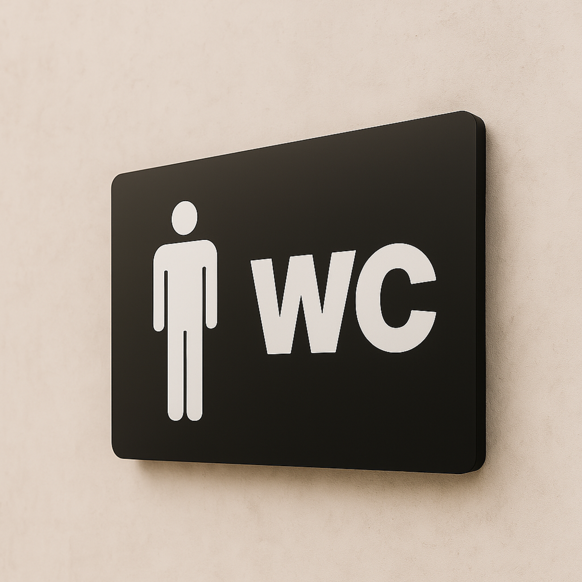 Bay WC tabelası, siyah metal yüzey, beyaz erkek figürü ve WC yazısı, 22x8 cm