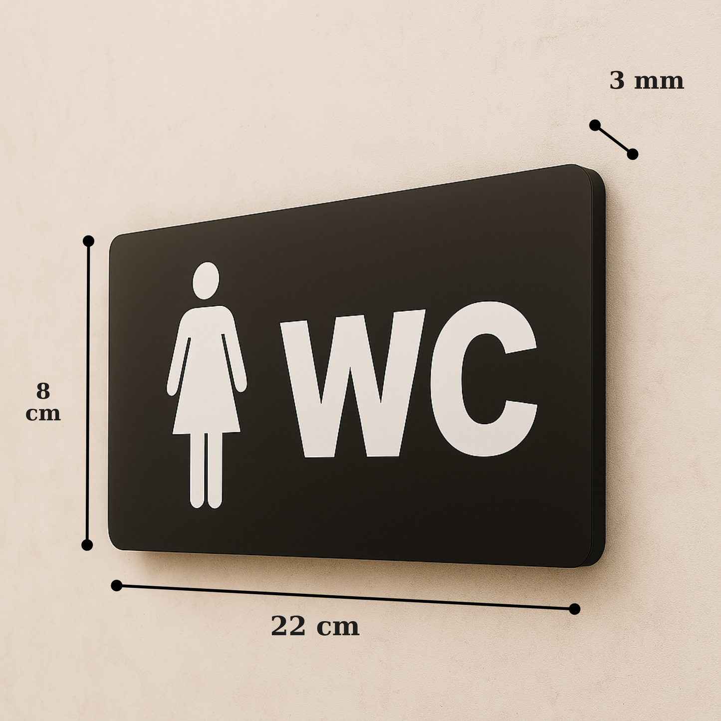 Bayan WC tabelası 22x8 cm, 3 mm siyah pleksi, kadın figürü ikon, ölçü görseli
