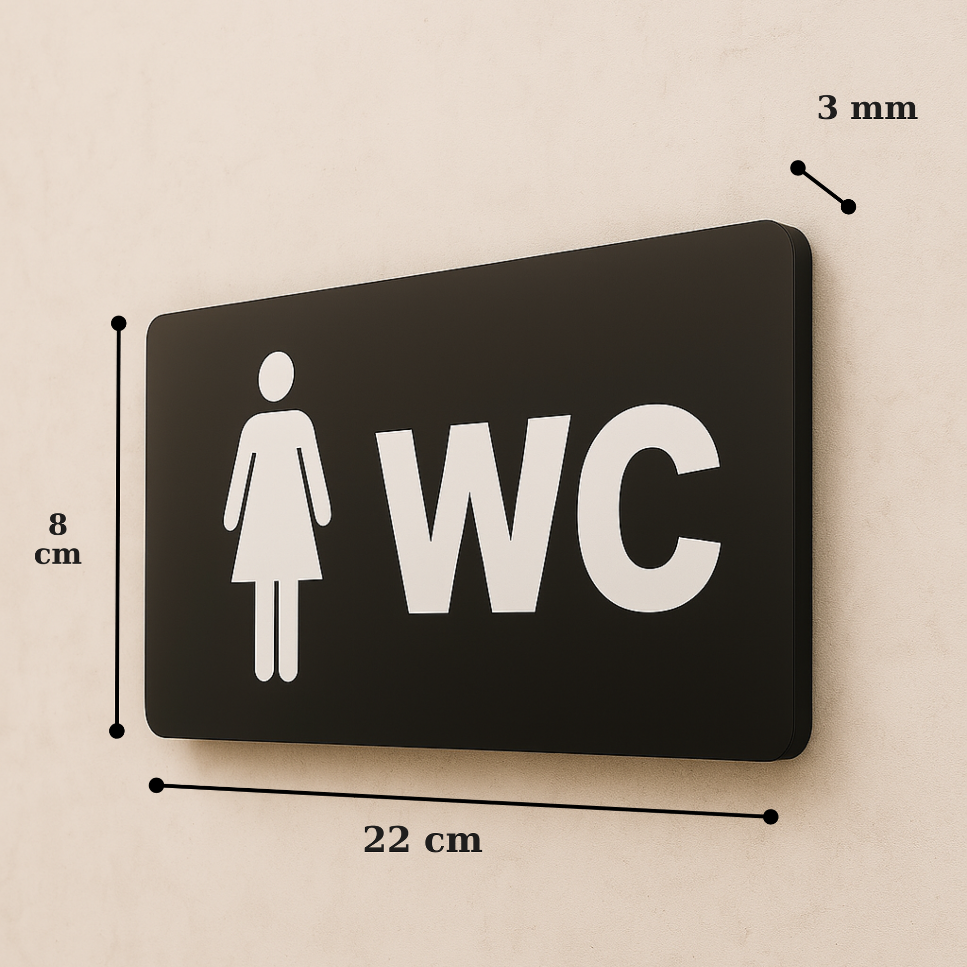 Bayan WC tabelası 22x8 cm, 3 mm siyah pleksi, kadın figürü ikon, ölçü görseli
