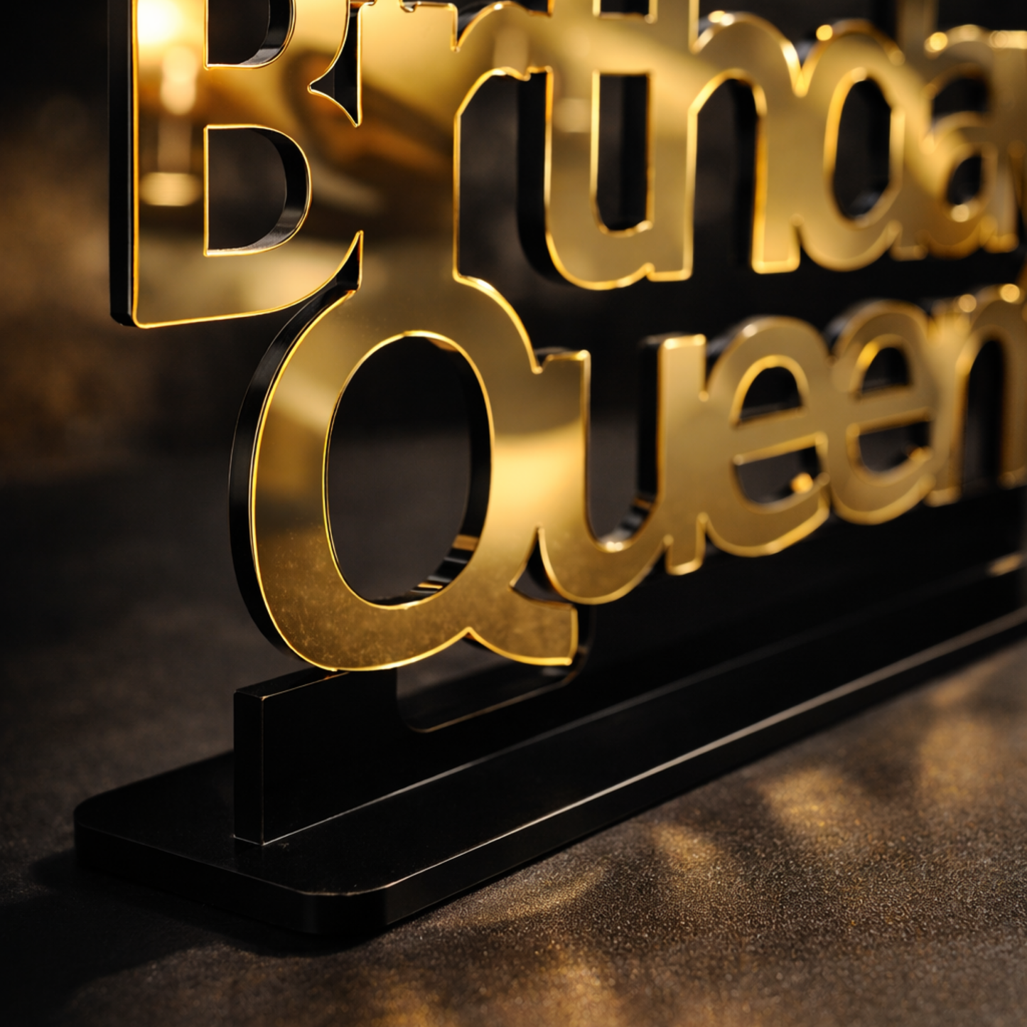 Birthday Queen gold akrilik yazı siyah taban yakın çekim dramatik ışık efekti