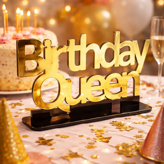 Birthday Queen gold ayna yazı doğum günü pasta masası konfeti parti dekor