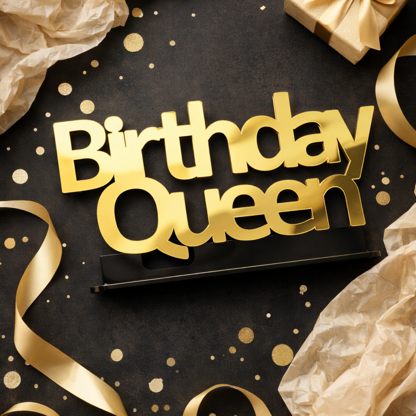 Birthday Queen gold ayna yazı hediye paketi kurdeleli flatlay doğum günü