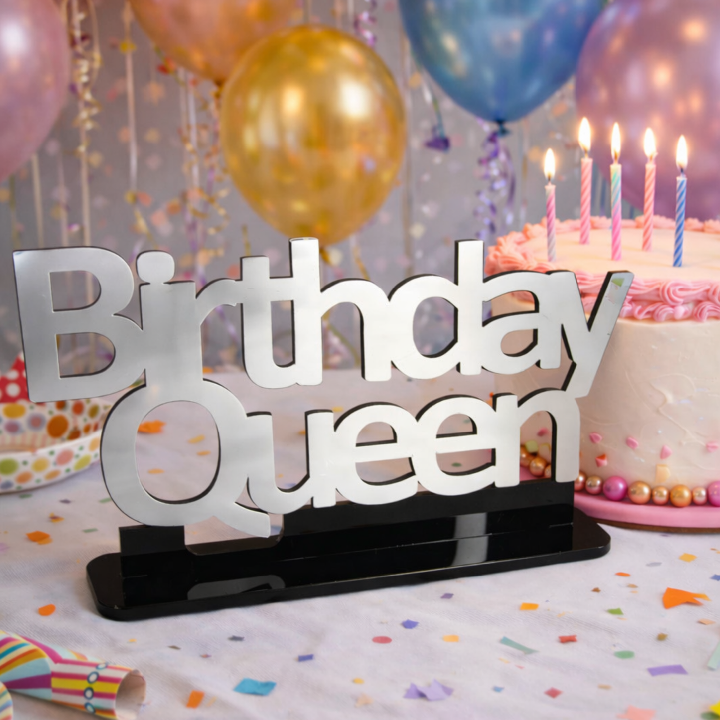 Birthday Queen silver ayna yazı renkli balonlu doğum günü pasta masası dekor