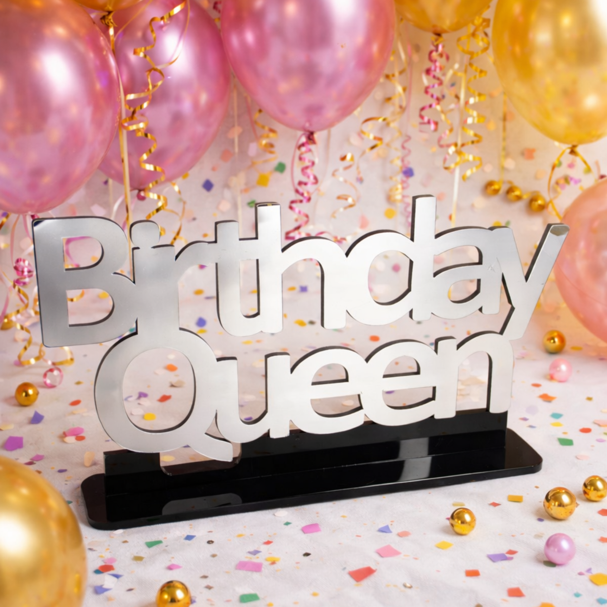 Birthday Queen silver ayna yazı konfeti balonlu parti dekorasyonu doğum günü