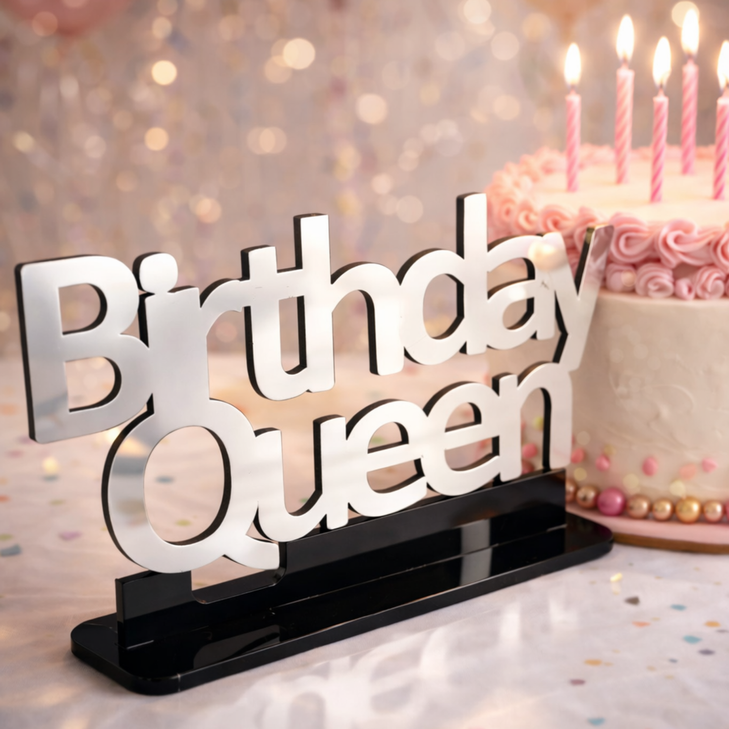 Birthday Queen silver ayna yazı pembe pasta bokeh arka plan doğum günü dekor