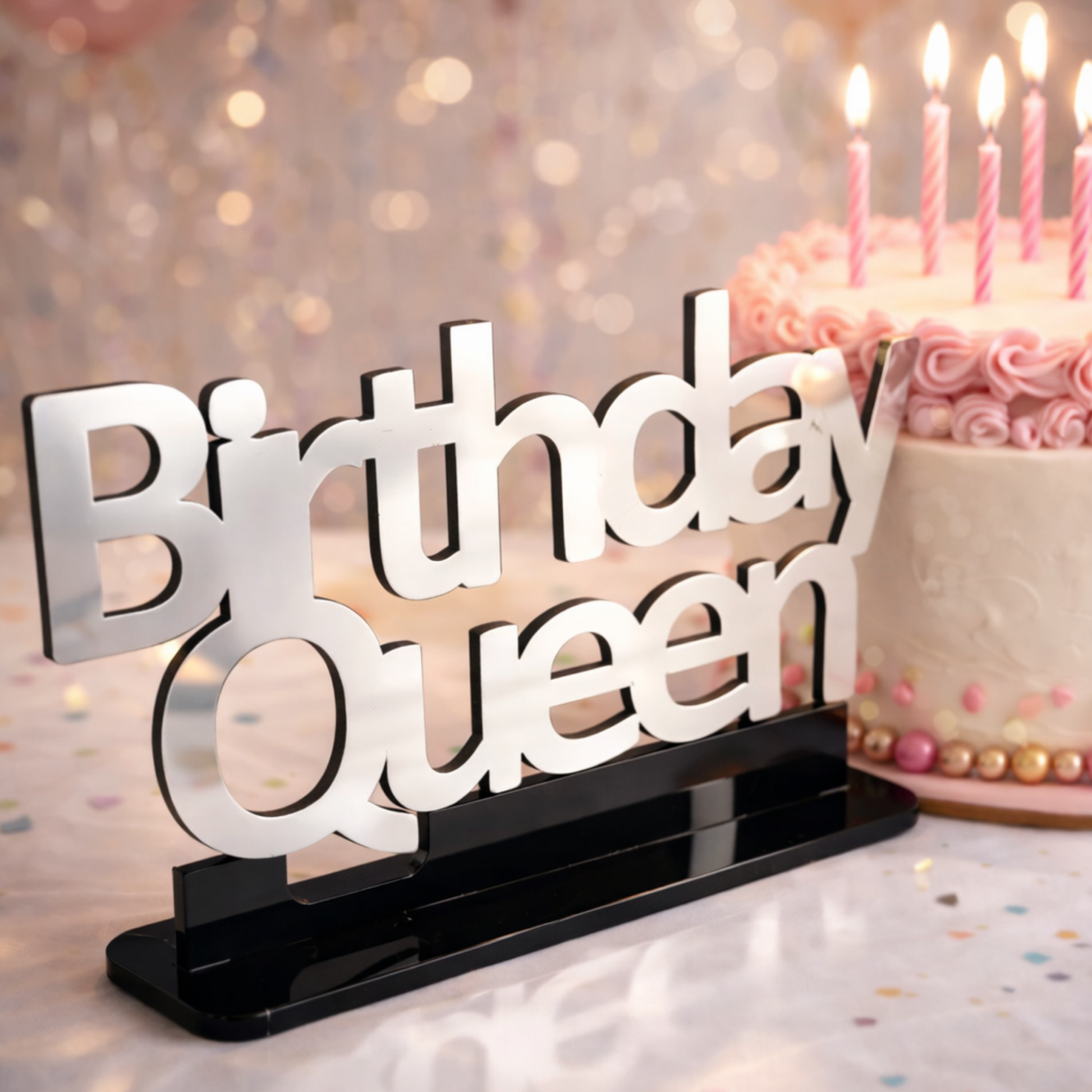 Birthday Queen silver ayna yazı pembe pasta bokeh arka plan doğum günü dekor