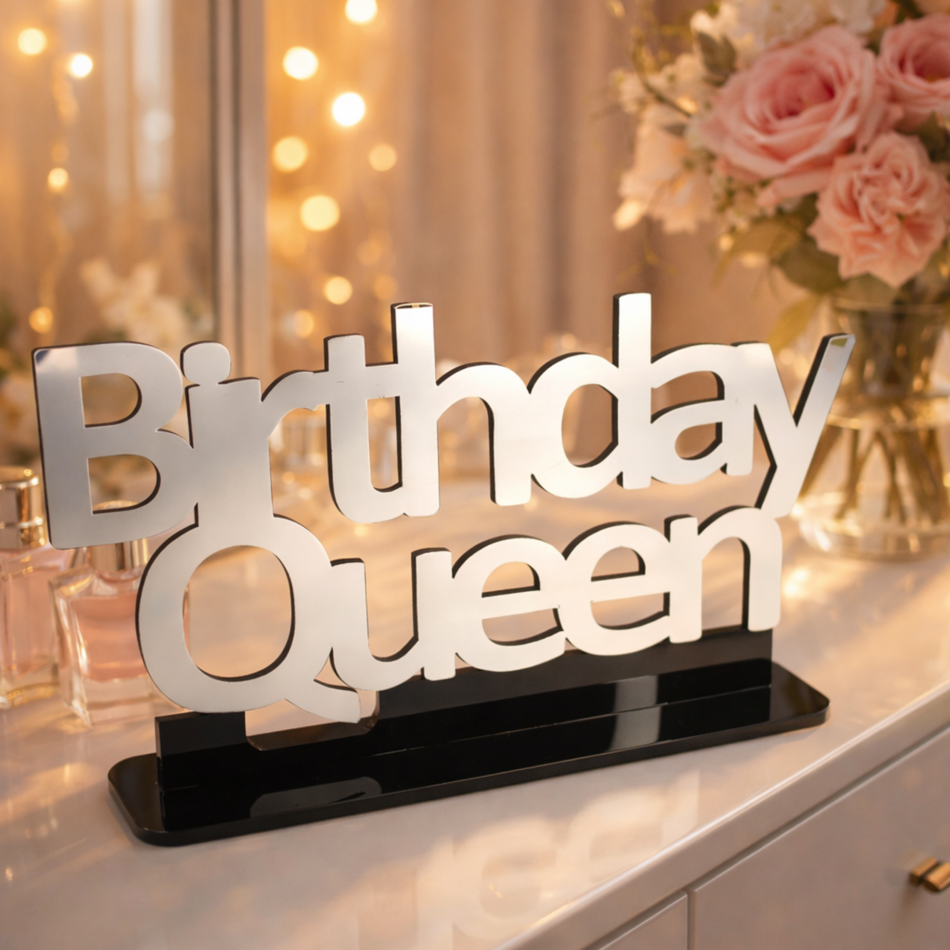 Birthday Queen silver ayna yazı makyaj masası güller peri ışıkları dekor