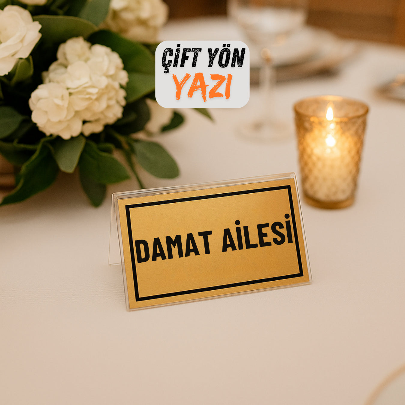 Şeffaf pleksi damat ailesi masa yazısı düğün masası dekorasyonu üzerinde çift taraflı tasarım