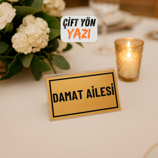 Şeffaf pleksi damat ailesi masa yazısı düğün masası dekorasyonu üzerinde çift taraflı tasarım