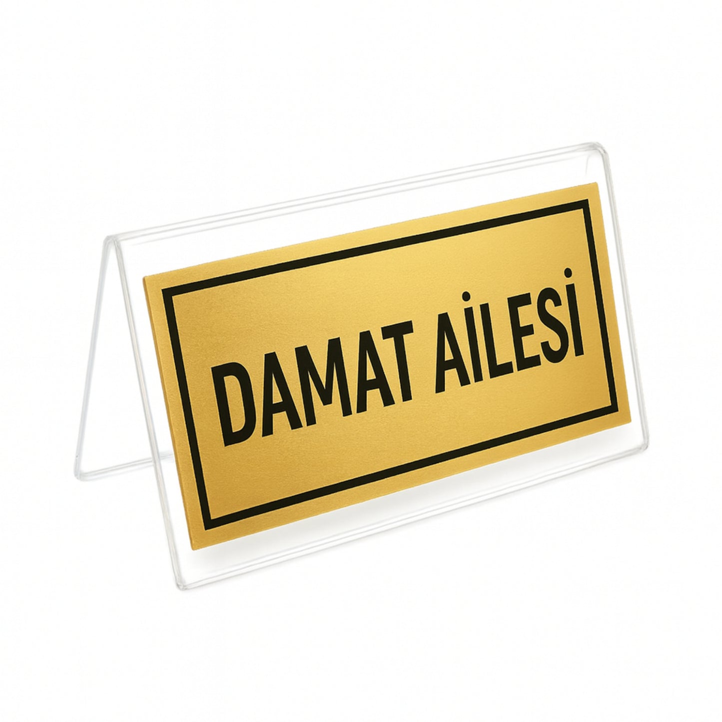 Şeffaf pleksi zeminli gold yazılı damat ailesi düğün masa yazısı tabelası