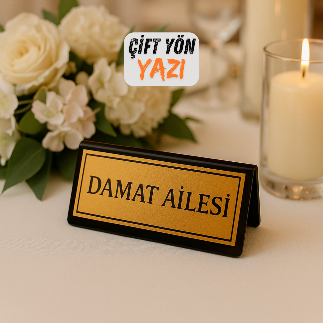 Siyah zemin gold yazılı damat ailesi pleksi düğün masa yazısı dekoratif tabela