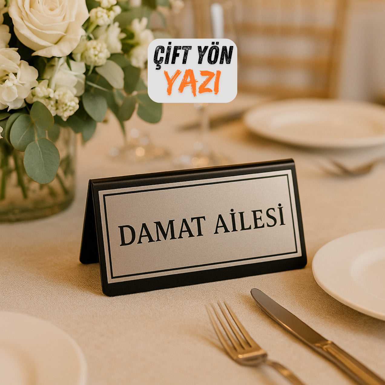 Siyah zemin silver yazılı damat ailesi düğün masa yazısı organizasyon masa dekoru