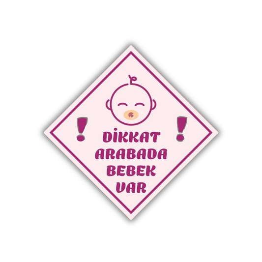 Dikkat Arabada Bebek Var yazılı, emzikli pembe bebek figürlü araba camı uyarı stickerı