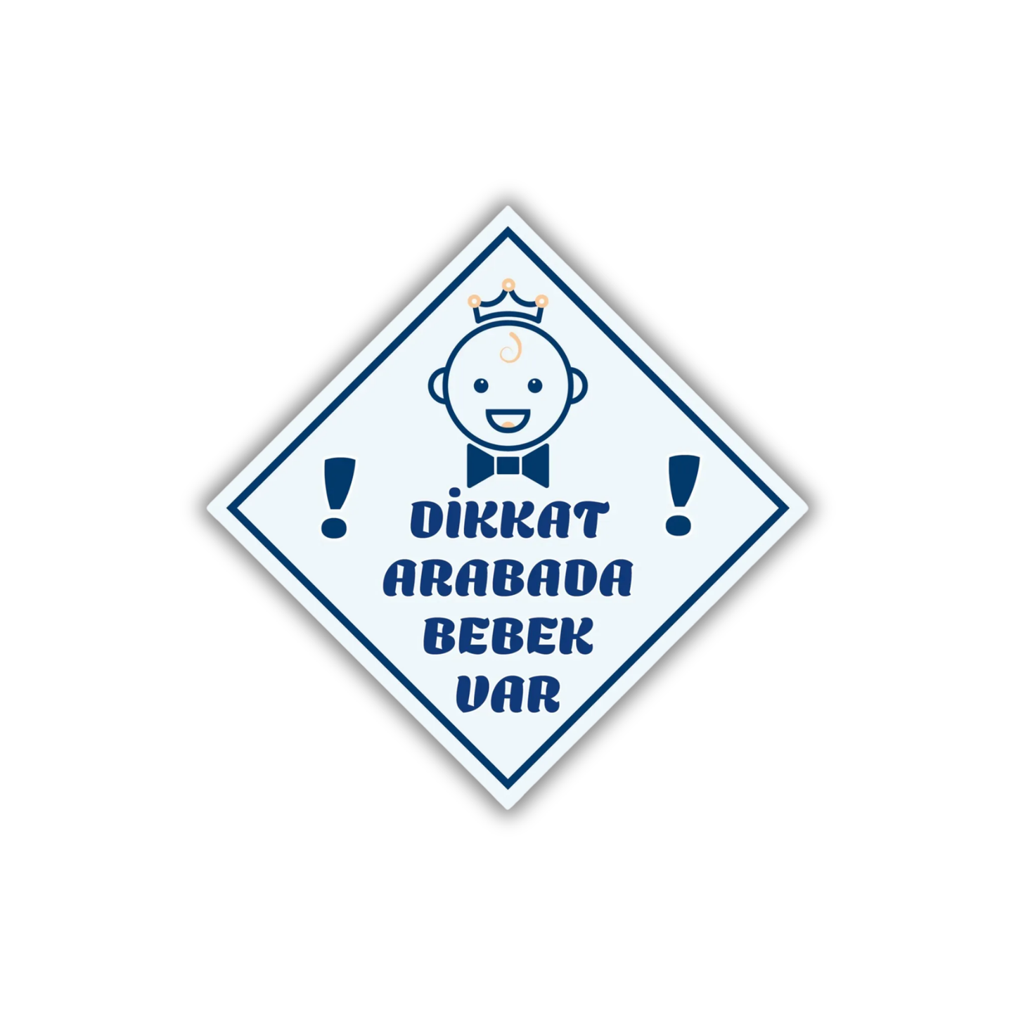 Dikkat Arabada Bebek Var yazılı, mavi renkli erkek bebek figürlü araba camı uyarı stickerı