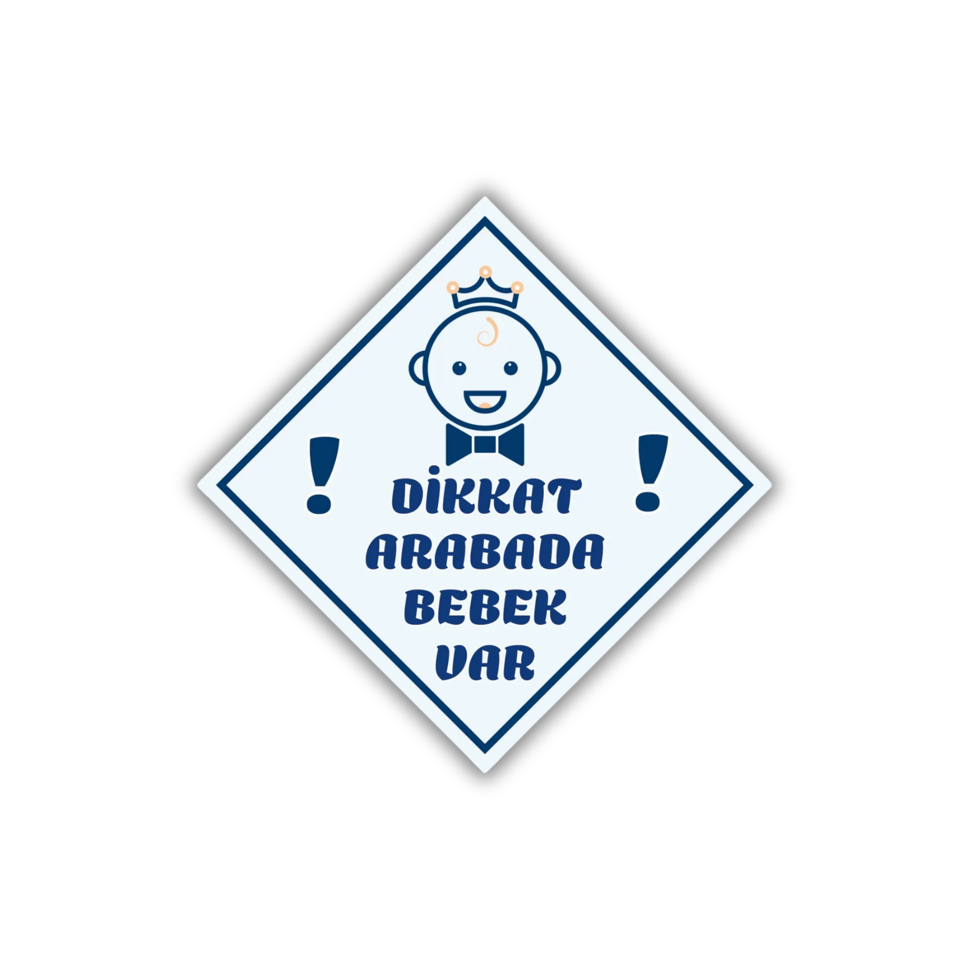 Dikkat Arabada Bebek Var yazılı, mavi renkli erkek bebek figürlü araba camı uyarı stickerı