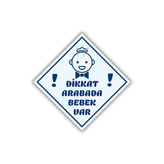 Dikkat Arabada Bebek Var yazılı, mavi renkli erkek bebek figürlü araba camı uyarı stickerı