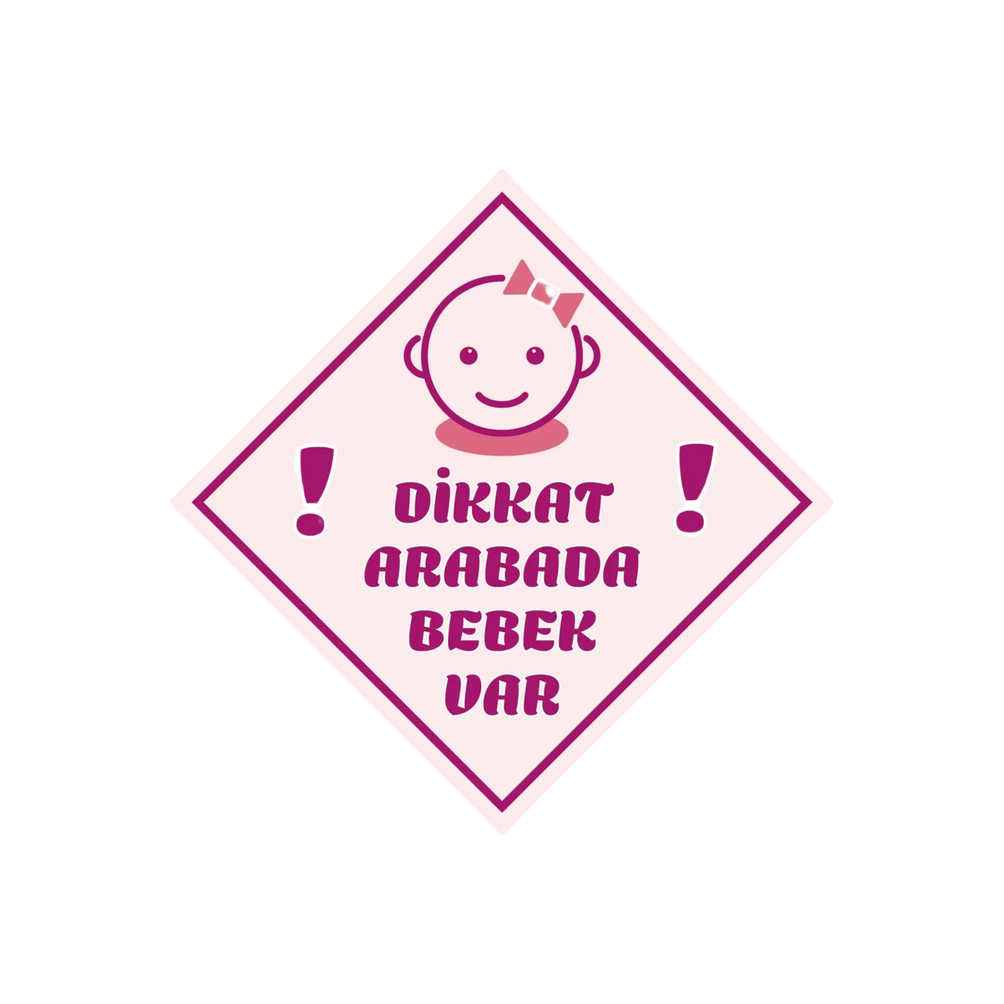 Dikkat Arabada Bebek Var yazılı, pembe renkli kız bebek figürlü araba camı uyarı stickerı