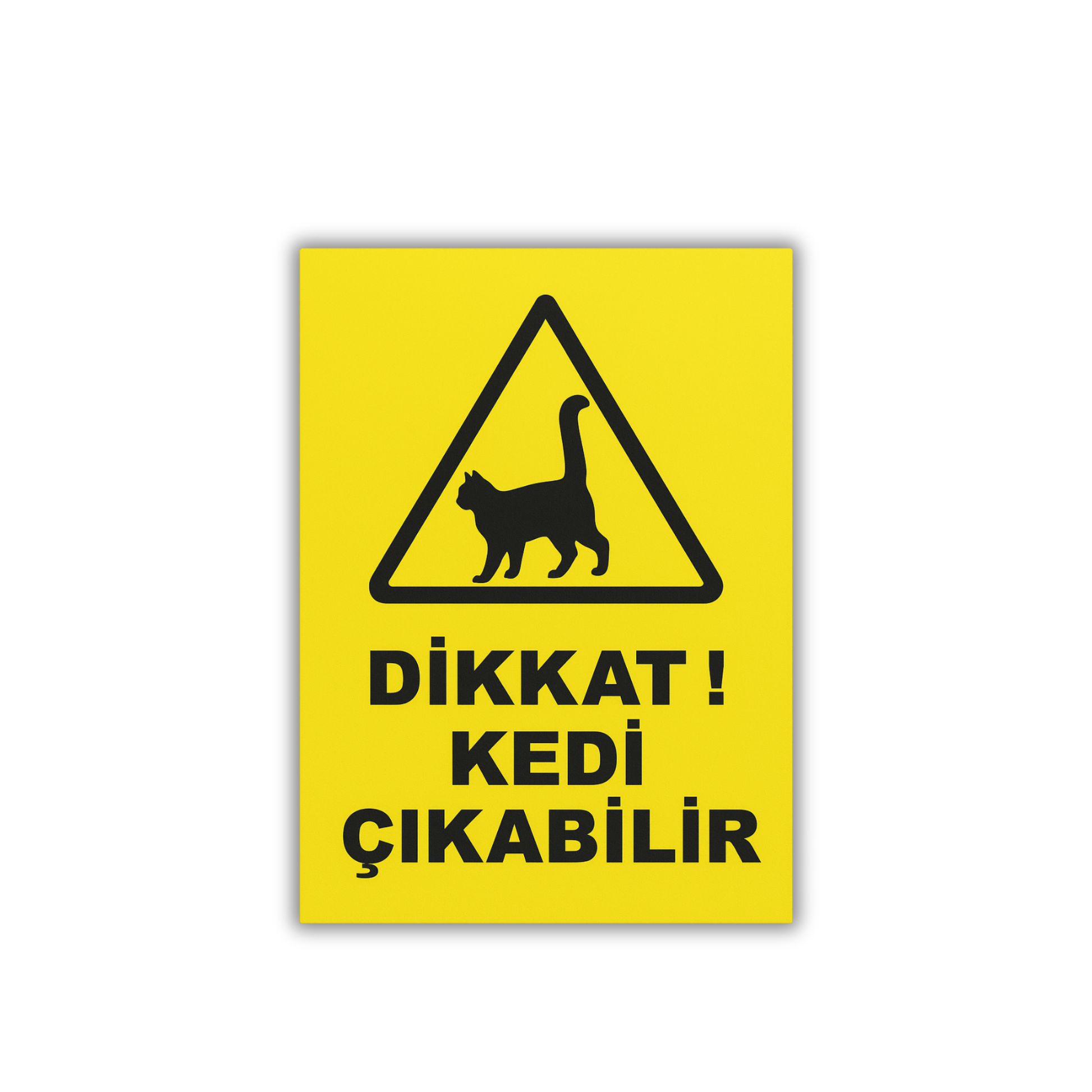 Dikkat Kedi Çıkabilir uyarı levhası, 35x25 cm ölçülerinde, sarı zeminli, forex tabela, Happynesso