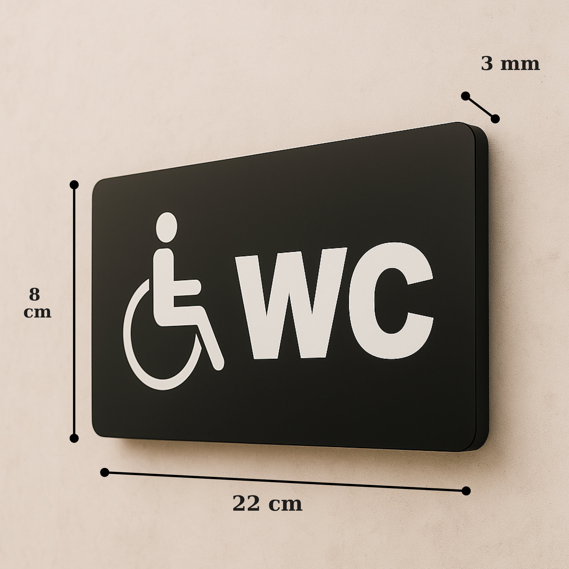 Engelli WC tabelası 22x8 cm, 3 mm siyah pleksi, tekerlekli sandalye ikonu, ölçü görseli