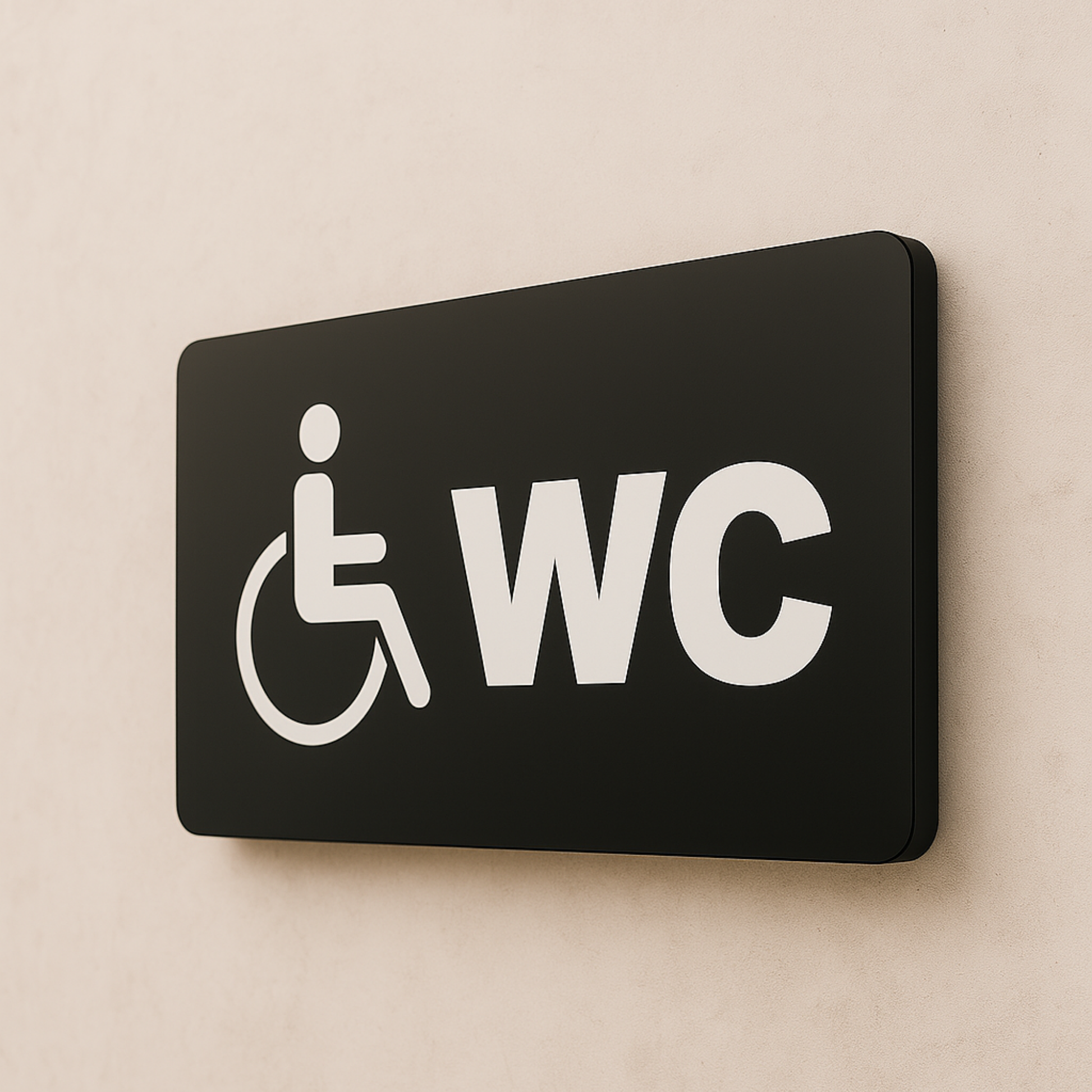 Engelli WC tabelası, siyah metal yüzey, tekerlekli sandalye ikonu ve WC yazısı, 22x8 cm
