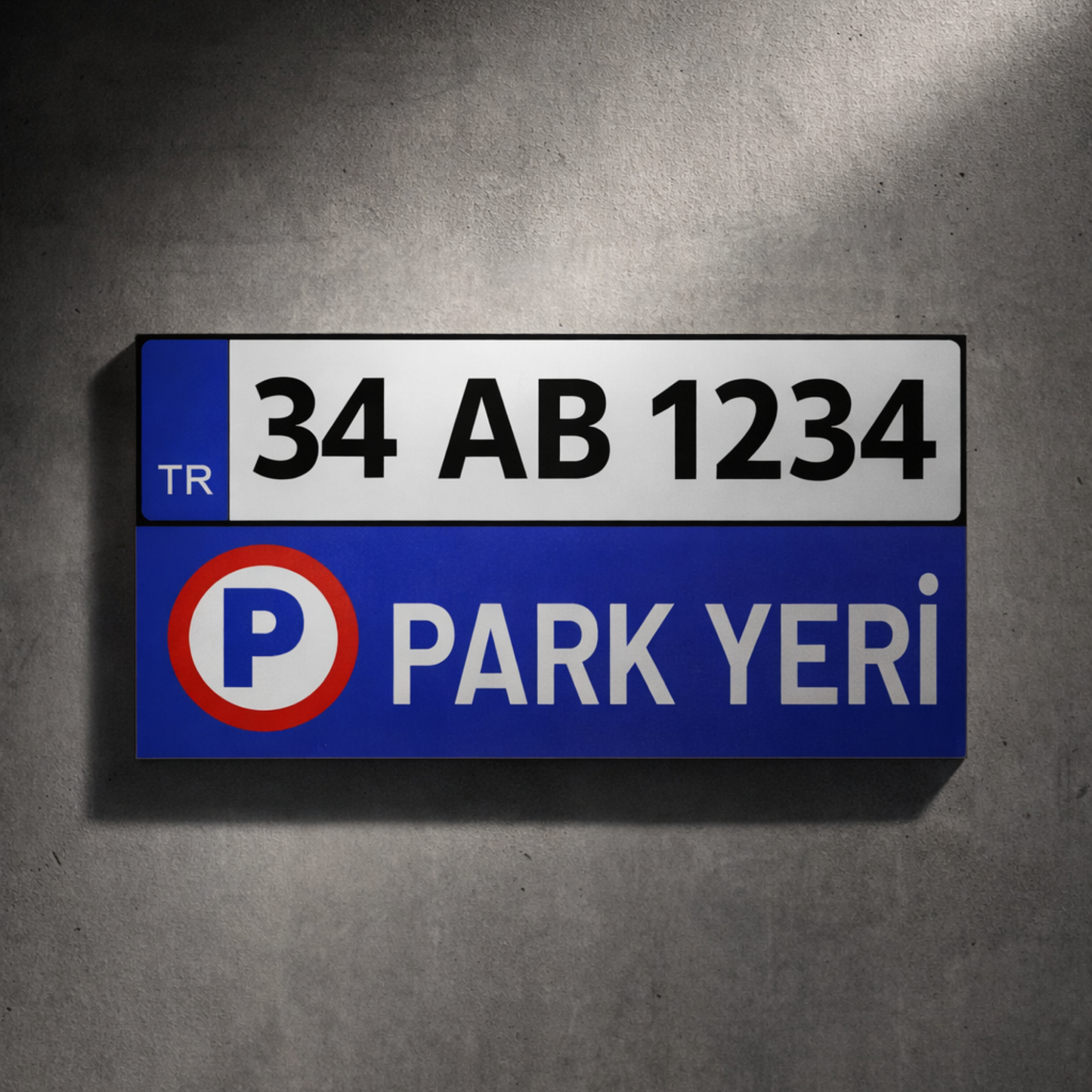 Kişiye özel plakalı forex park yeri tabelası, duvar montaj görünümü