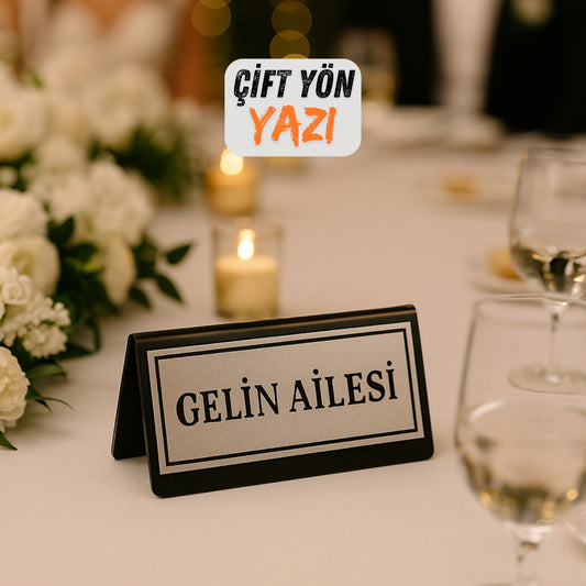 Siyah zemin silver yazılı gelin ailesi pleksi düğün masa yazısı organizasyon masa dekoru