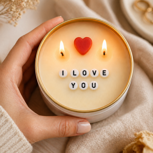 Elde tutulan gizli mesajlı soya wax mum – I LOVE YOU boncuk harf yazısı ve kırmızı kalp, sevgiliye özel romantik hediye