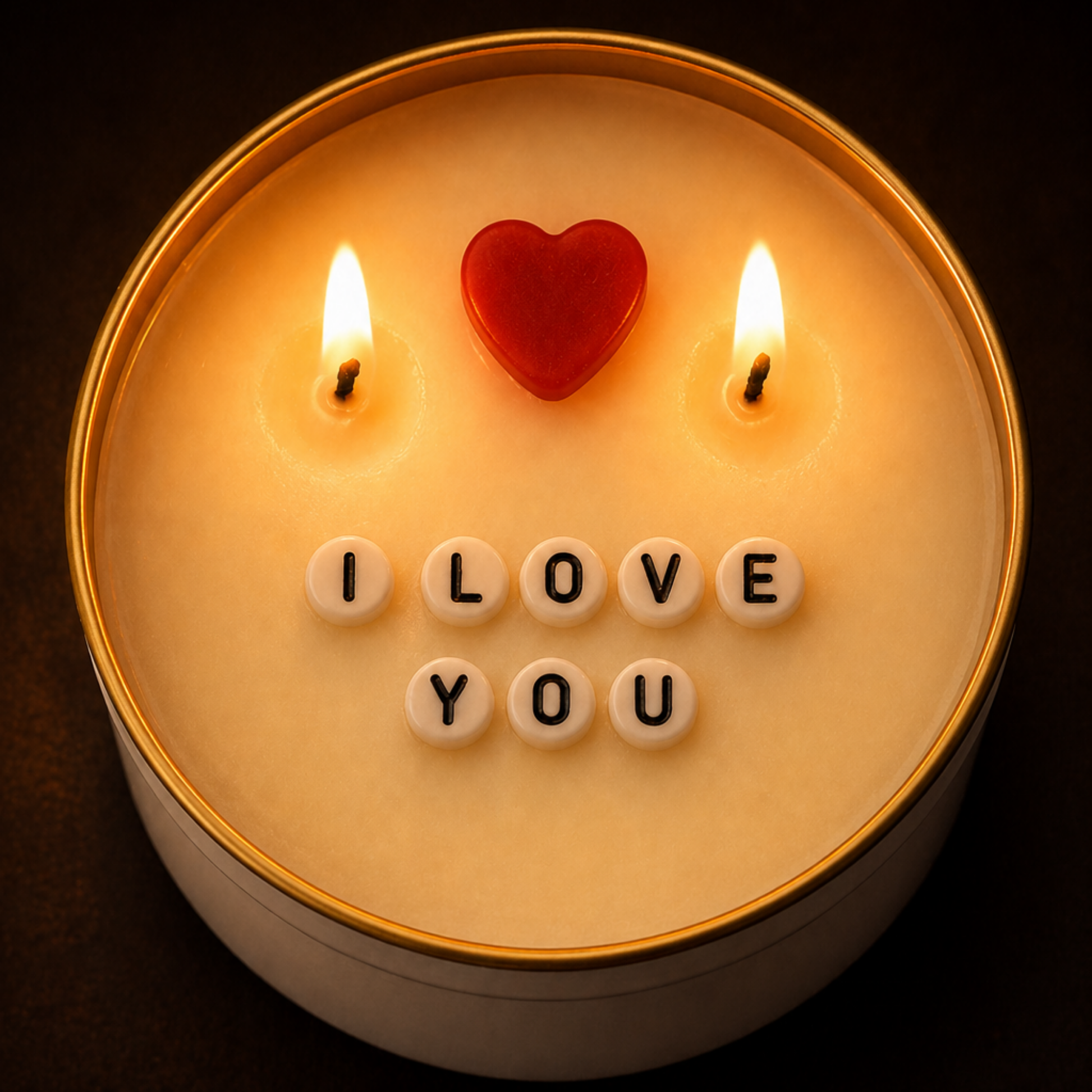 Karanlık arka planda yanan gizli mesajlı soya wax mum – beyaz boncuk harfli I LOVE YOU yazısı, kırmızı kalp süsleme ve altın kenarlı metal kutu
