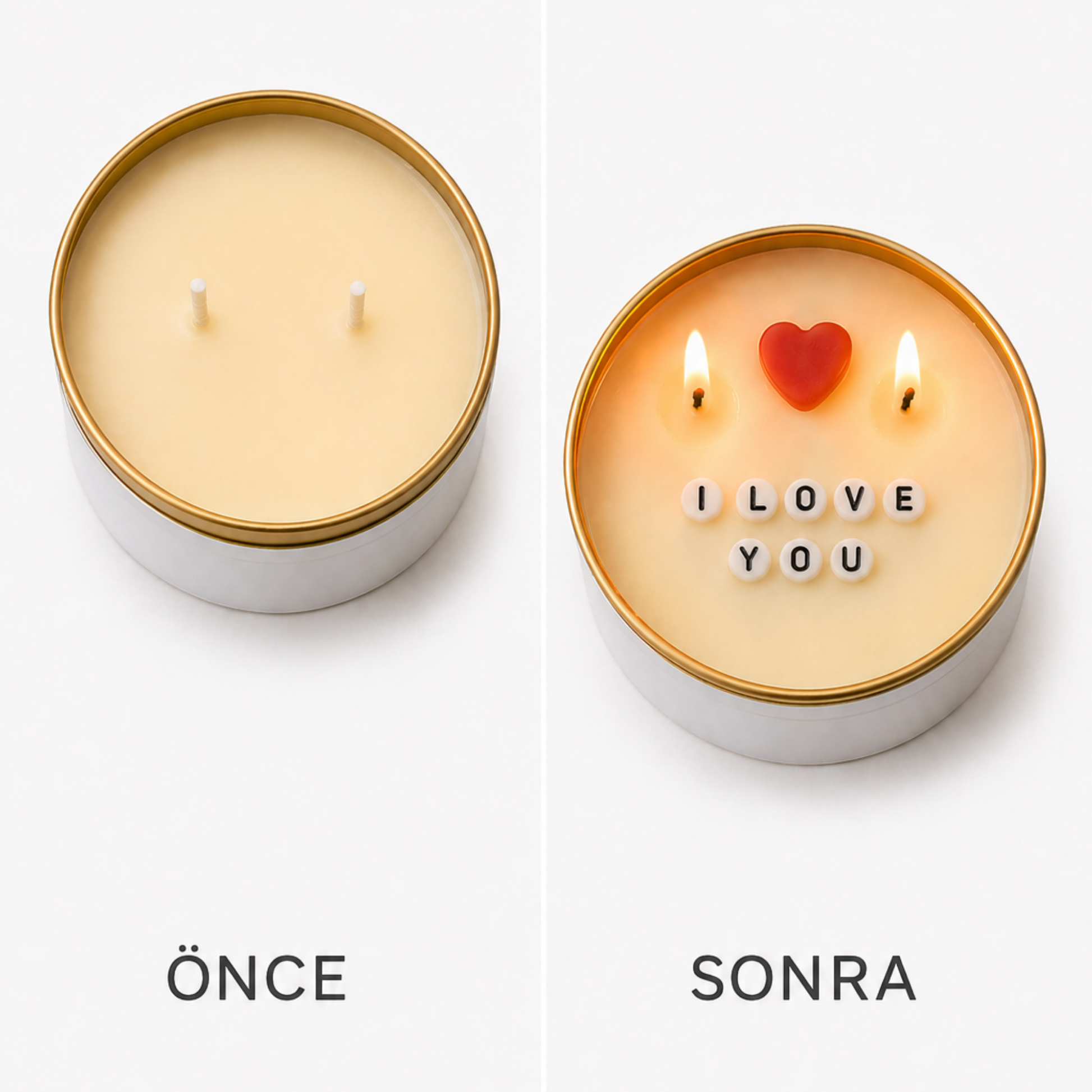 Gizli mesajlı soya wax mum önce ve sonra karşılaştırması – sol tarafta mesajsız sade mum, sağ tarafta yandıkça ortaya çıkan I LOVE YOU yazısı ve kırmızı kalp