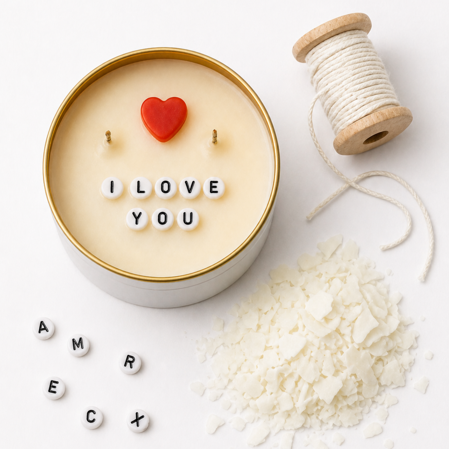 Gizli mesajlı I LOVE YOU soya wax mum – çevresinde soya wax pulları, pamuk ip ve boncuk harfler ile el yapımı üretim detayı