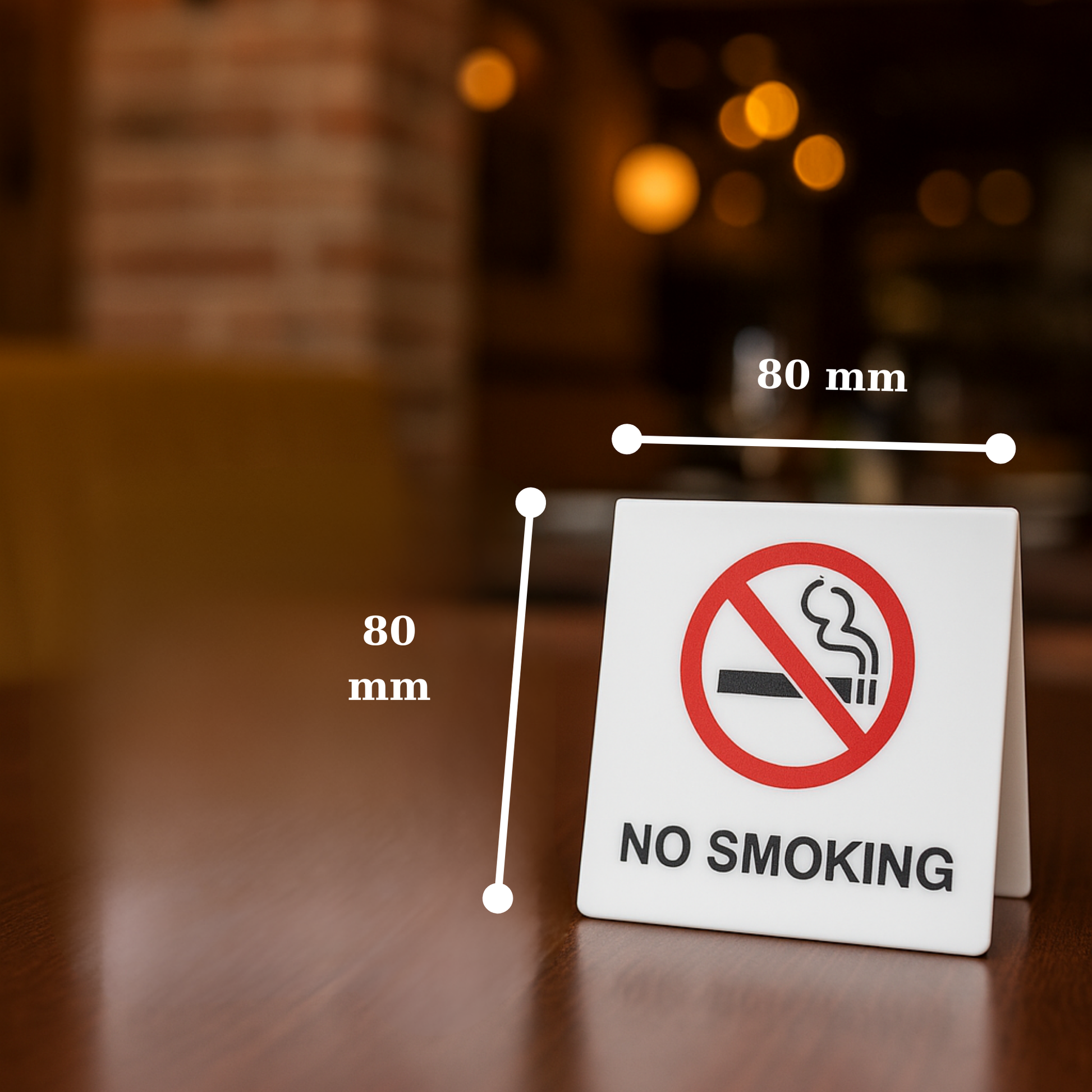 Beyaz pleksi masa üstü no smoking yazılı tabela 80x80 mm ölçü kafe ortamı