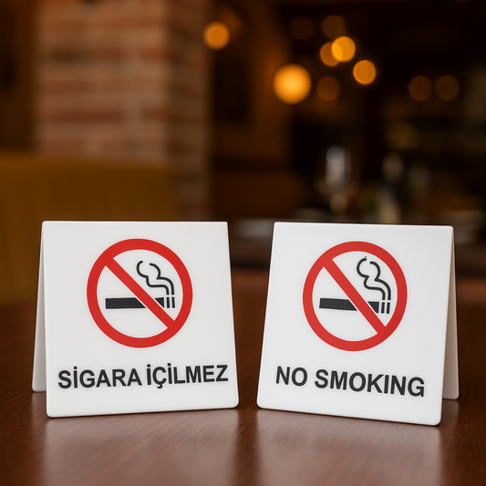 Beyaz pleksi masa üstü sigara içilmez no smoking TR EN yazılı çift yön tabela kafe 80x80 mm