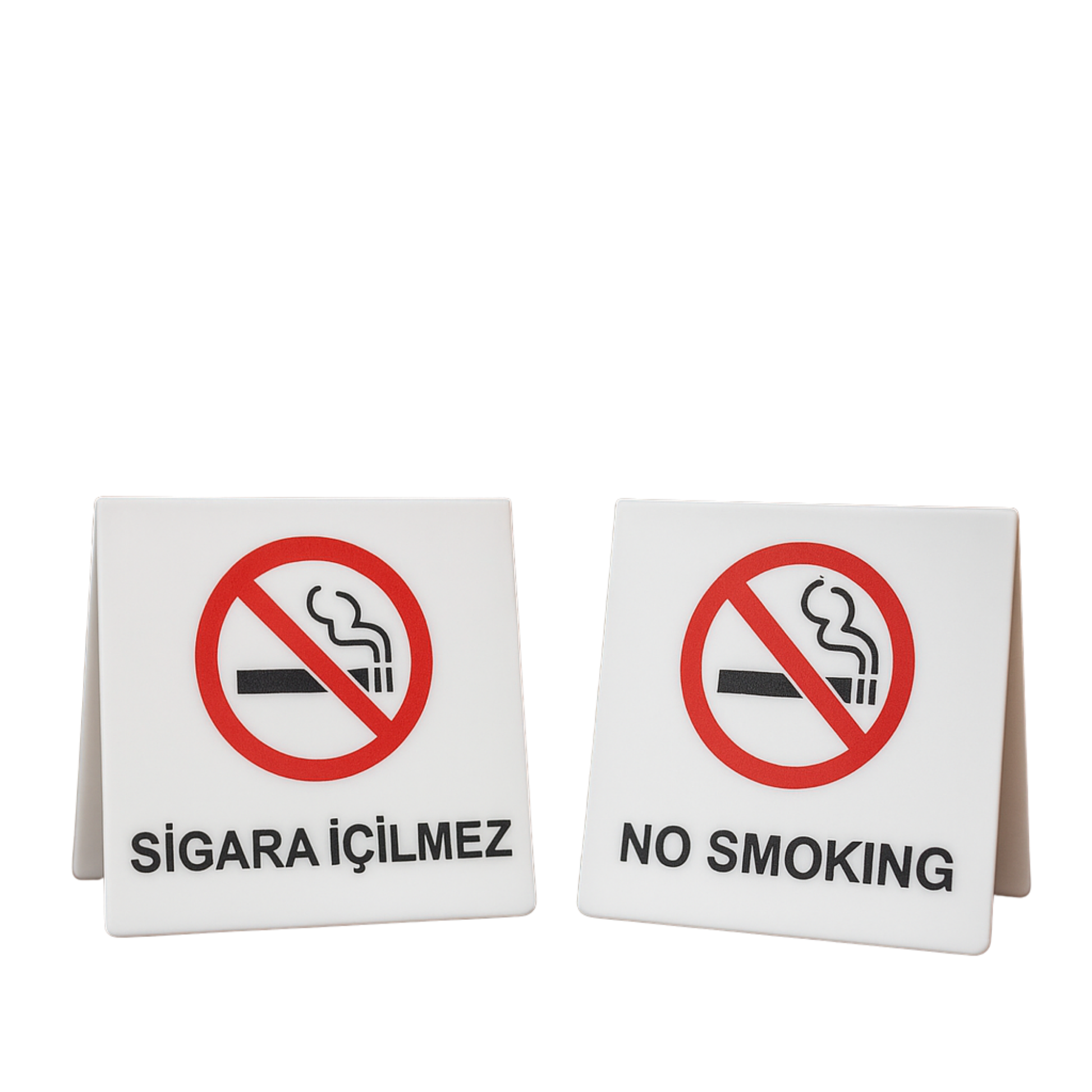Beyaz pleksi masa üstü sigara içilmez tabela TR EN yazılı 80x80 mm