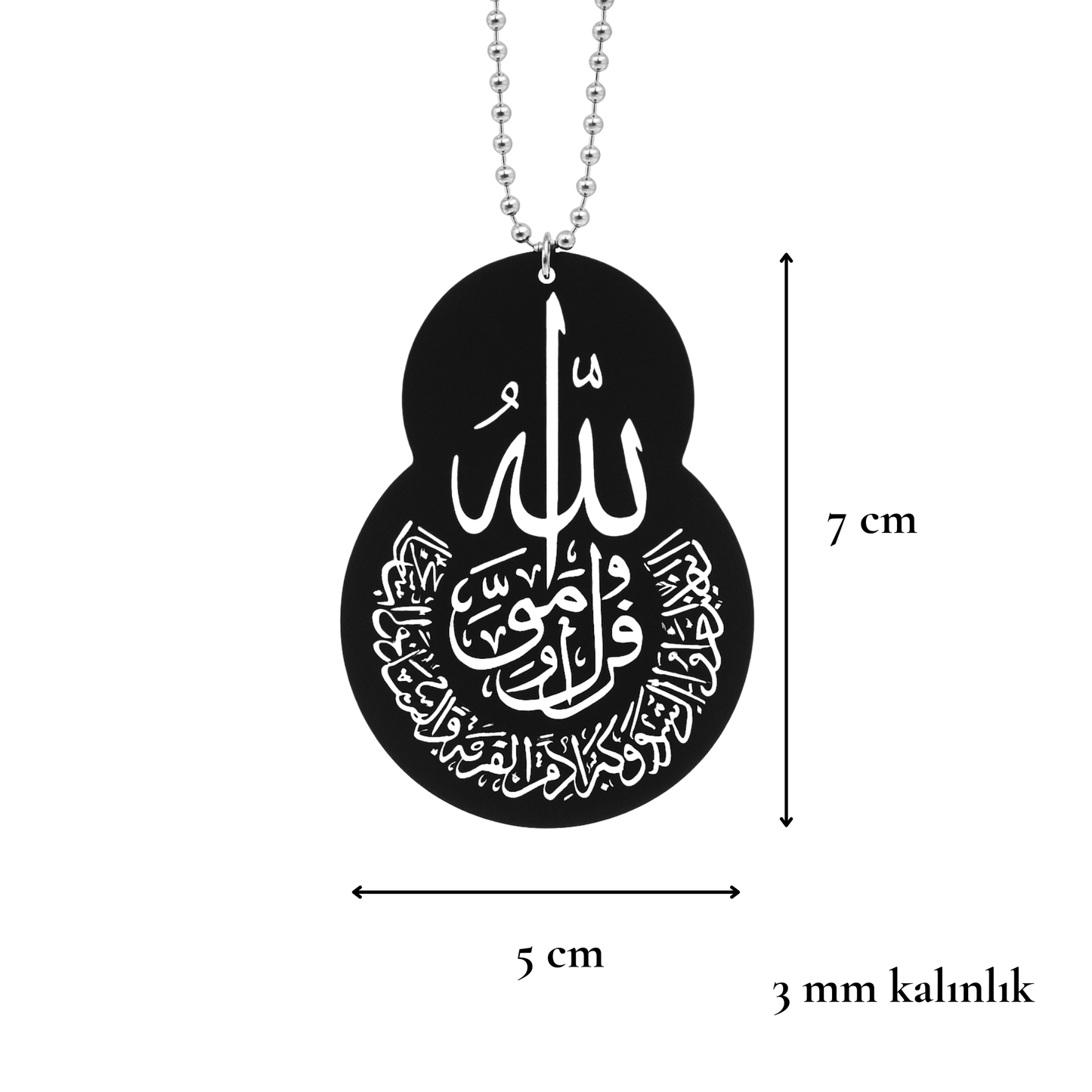 Damla form İslami dikiz aynası süsü ölçü görseli, 5 x 7 cm boyutlarında ve 3 mm kalınlığında siyah pleksi araba aksesuarı