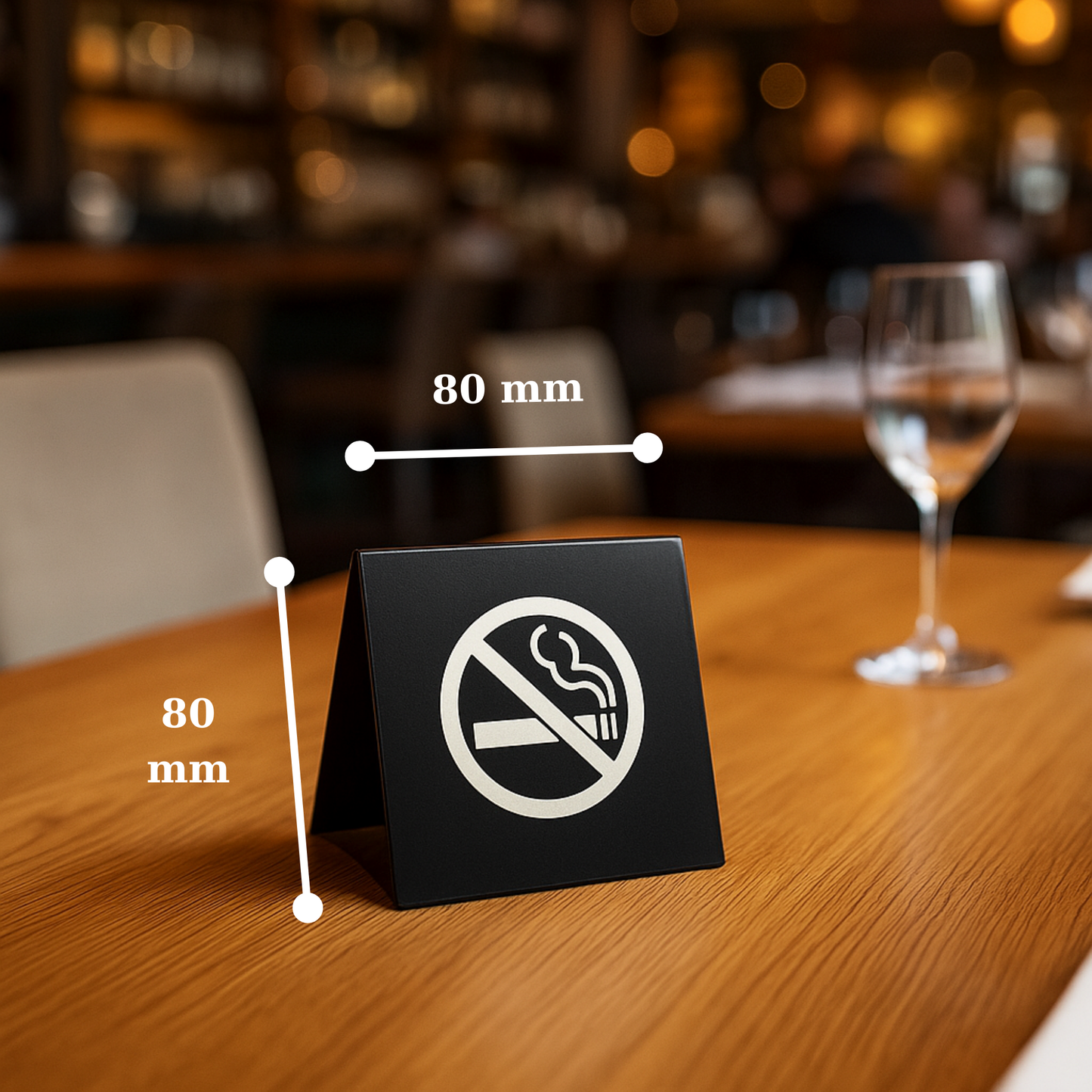 Siyah pleksi masa üstü sigara içilmez ikonu yazısız tabela 80x80 mm ölçü restoran ortamı