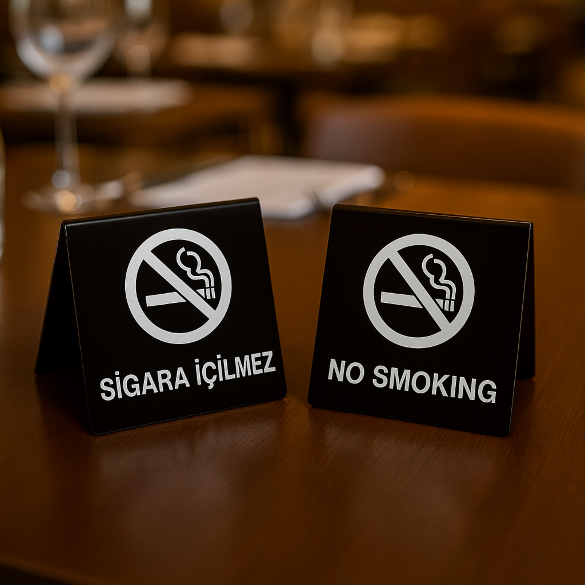 Siyah pleksi masa üstü sigara içilmez no smoking TR EN yazılı çift yön tabela restoran 80x80 mm