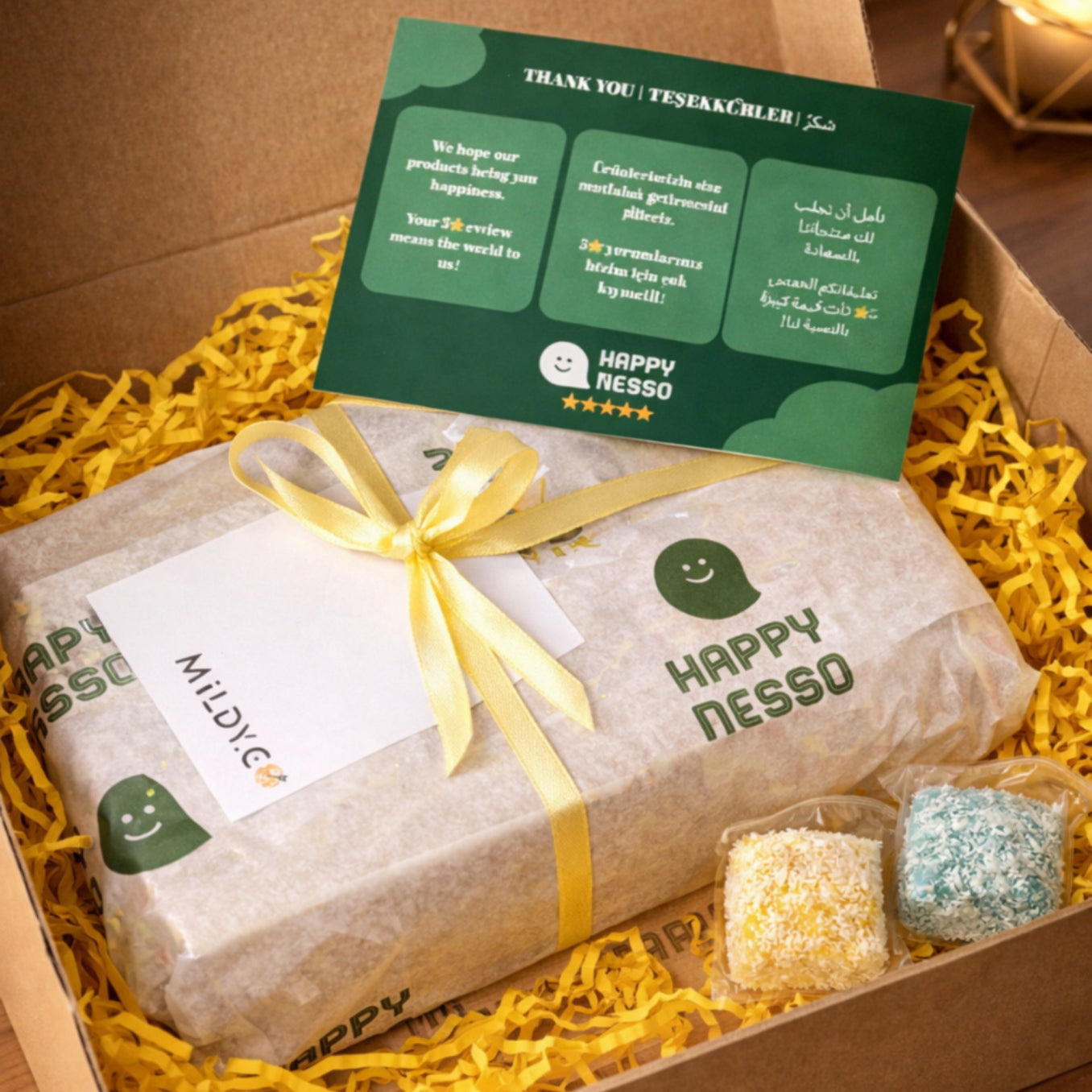 Happynesso araç içi numaratör özel kutu paketleme sunumu, hediye paketli ürün gönderimi ve marka teşekkür kartı