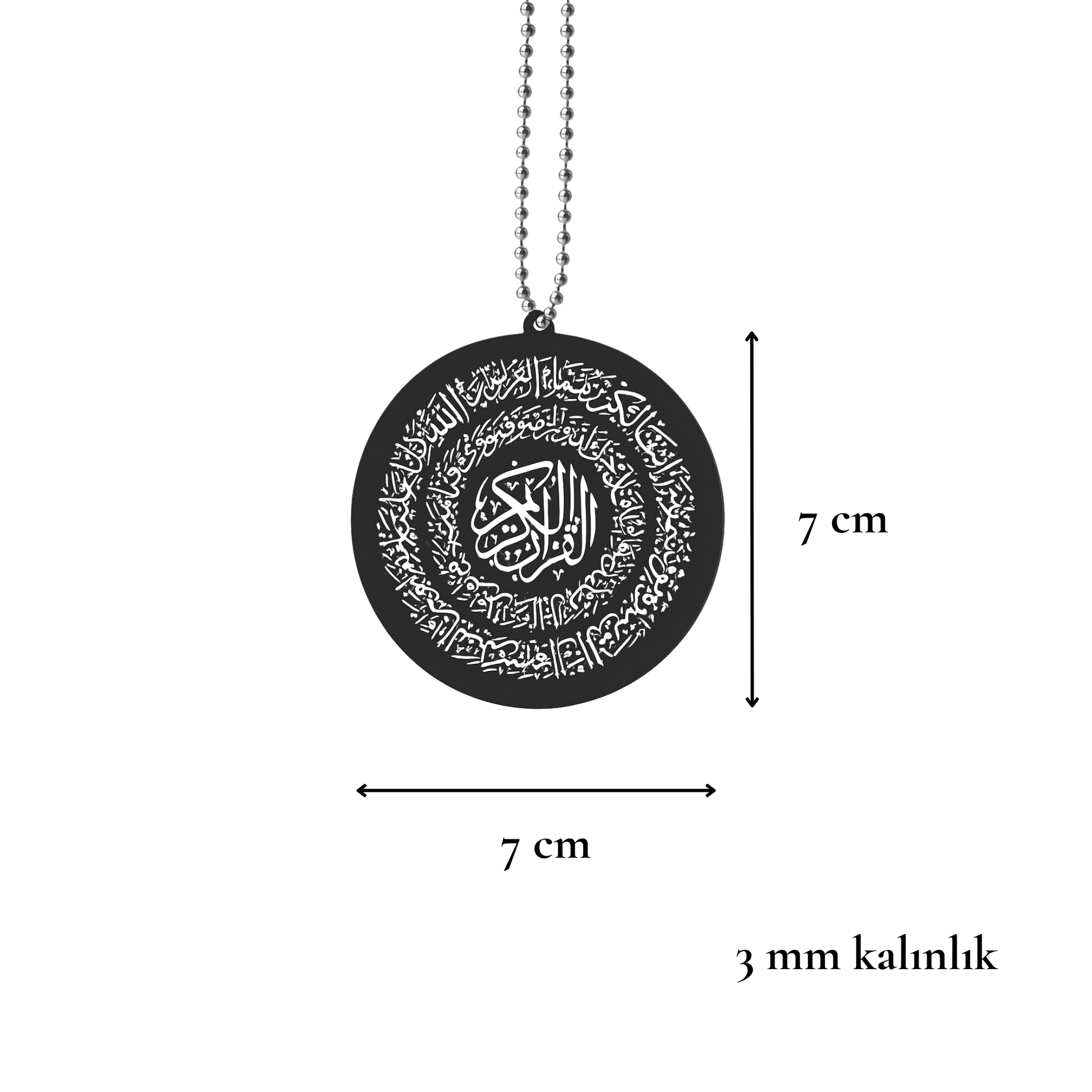 Yuvarlak form İslami dikiz aynası süsü ölçü görseli, 7 x 7 cm boyutlarında ve 3 mm kalınlığında siyah pleksi araba aksesuarı